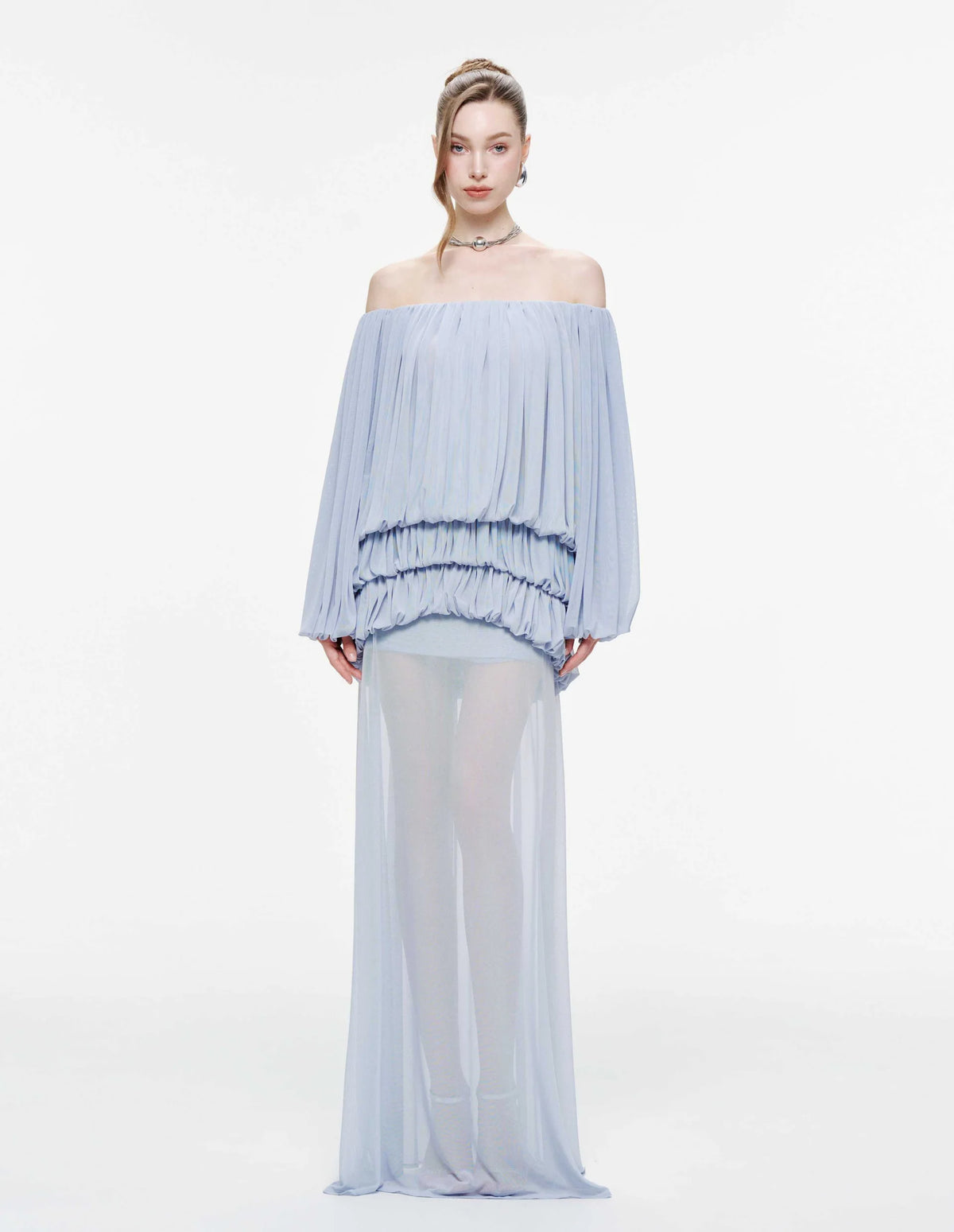 MOLLYNISTA Off-Shoulder Ruched Stretch Mesh Set-Whispy Blue