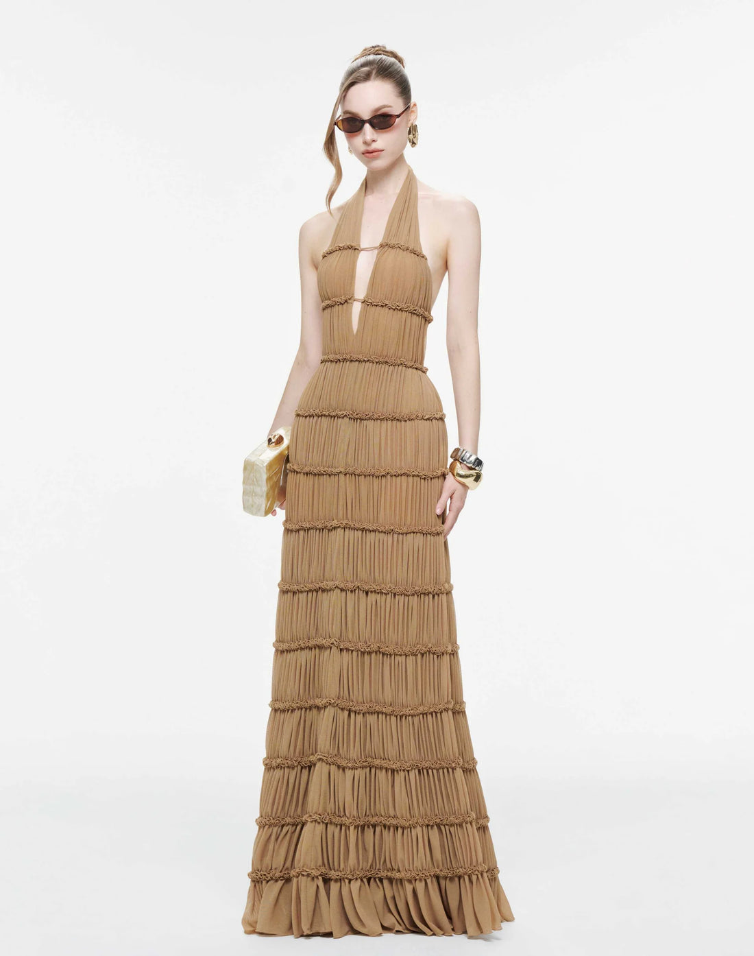 MOLLYNISTA Backless Stretch Mesh Maxi Dress-Caramel Brown