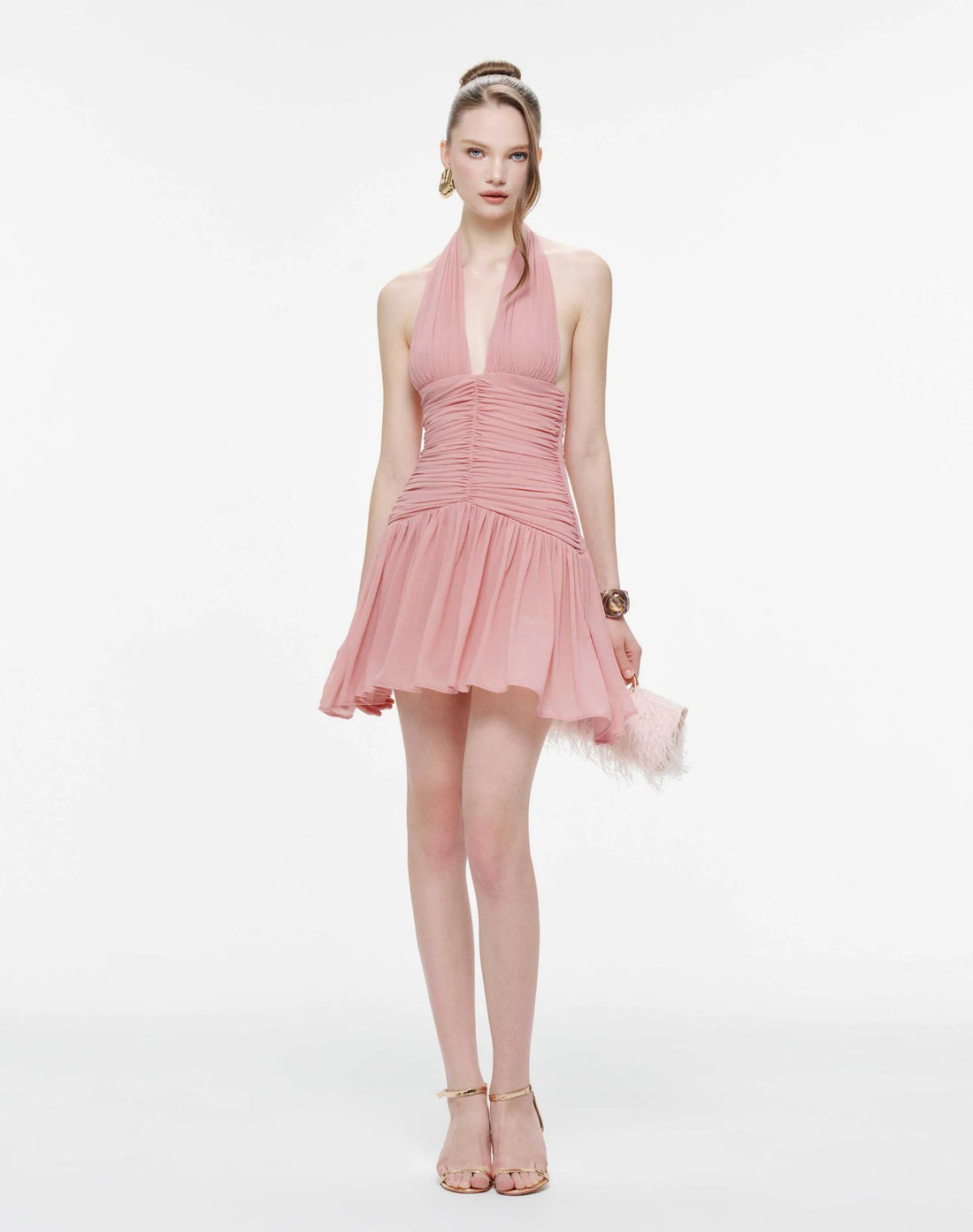 MOLLYNISTA Ruched Stretch Mesh Mini Dress With Neck Bow-Dusty Pink