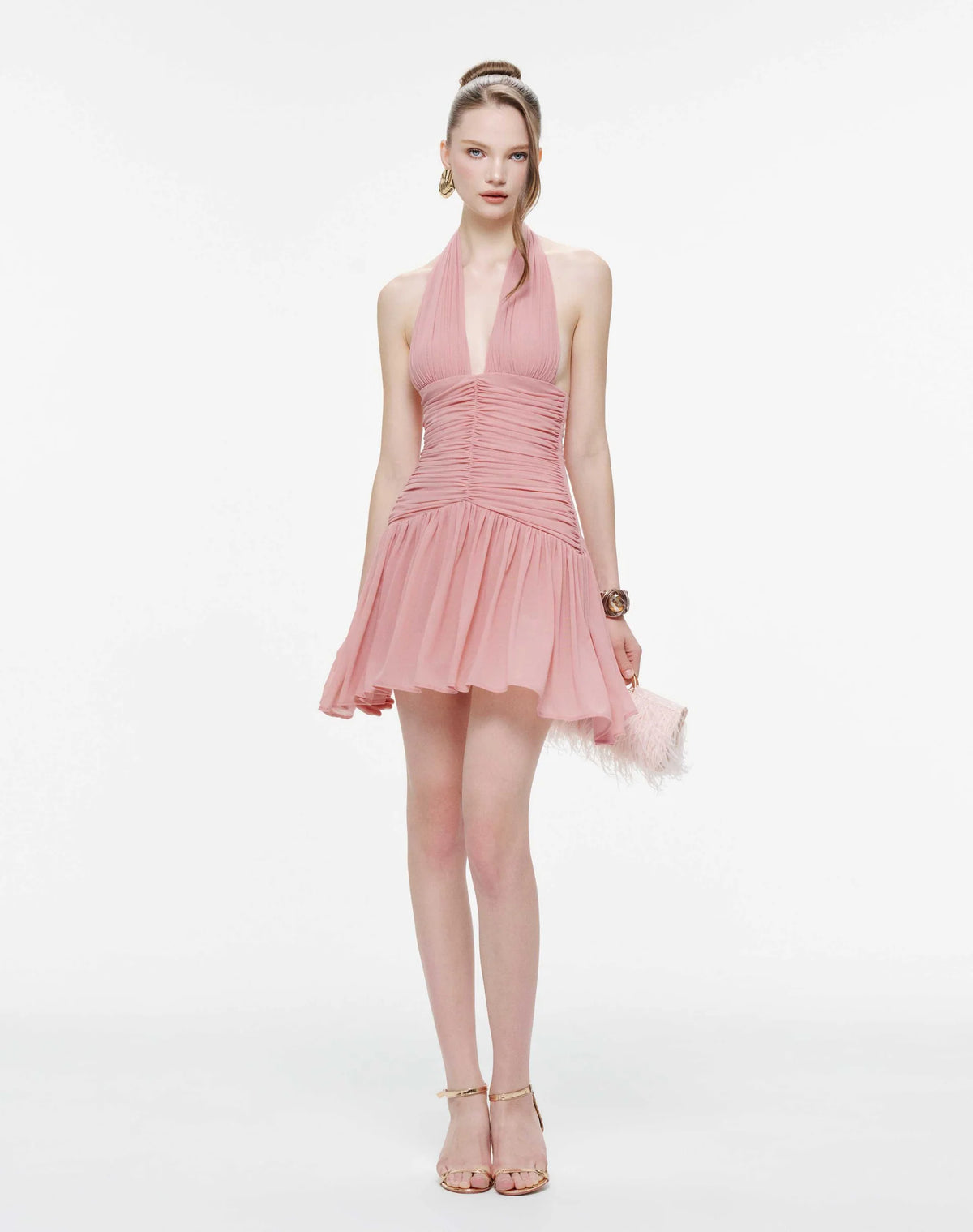 MOLLYNISTA Ruched Stretch Mesh Mini Dress With Neck Bow-Dusty Pink