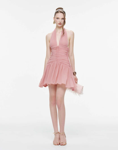 MOLLYNISTA Ruched Stretch Mesh Mini Dress With Neck Bow-Dusty Pink