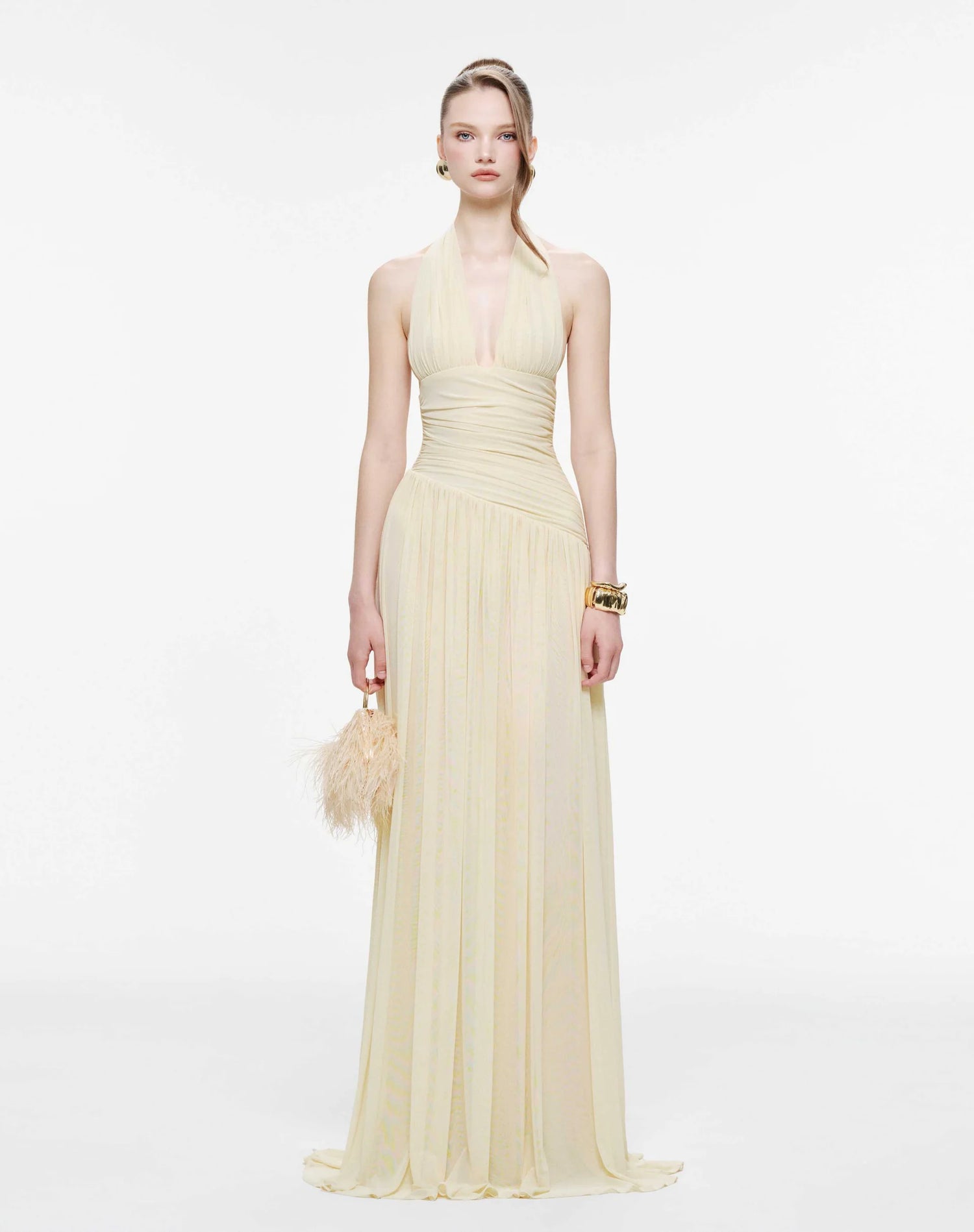 MOLLYNISTA Ruched Stretch Mesh Maxi Dress With Neck Bow-Yellow Butter