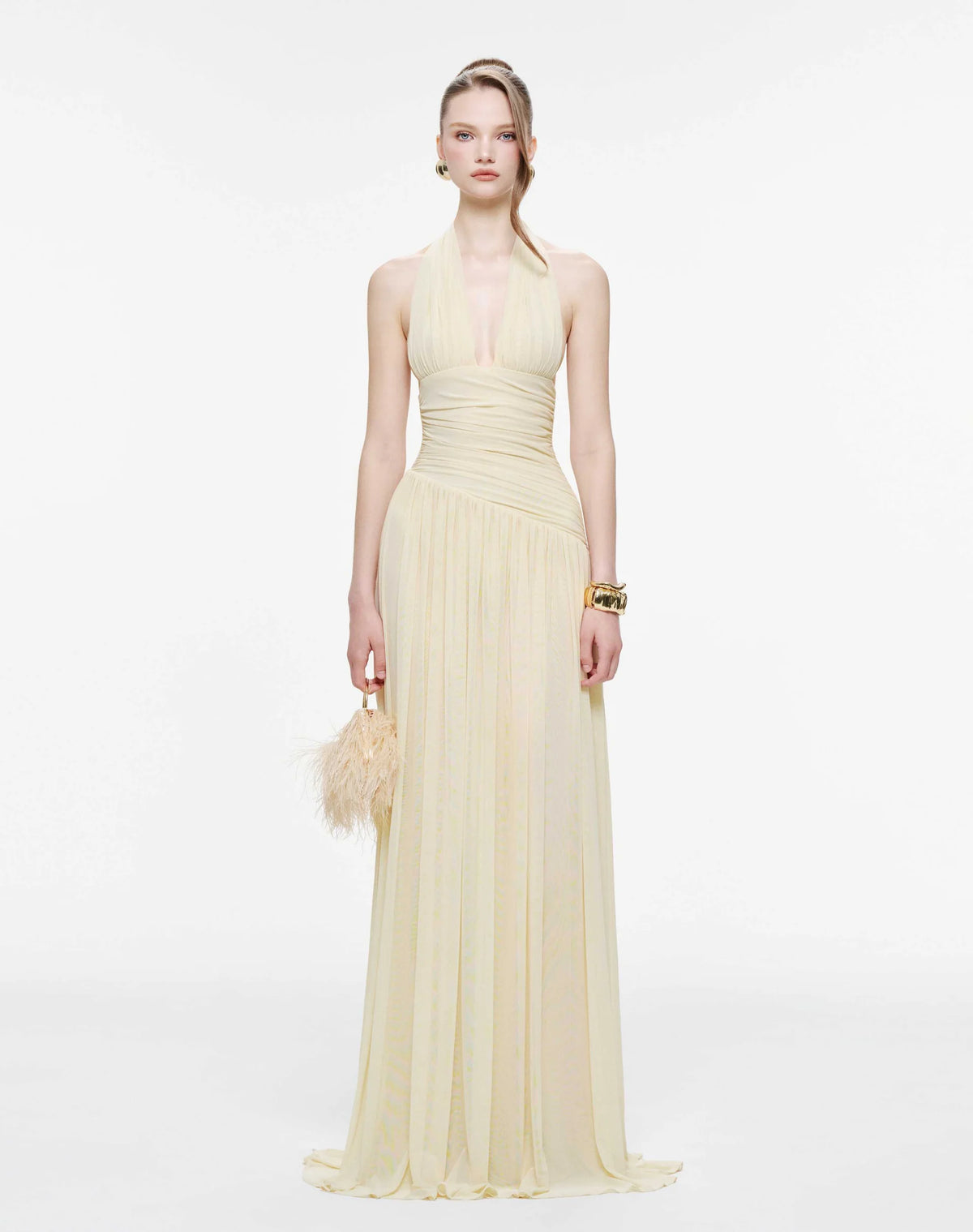 MOLLYNISTA Ruched Stretch Mesh Maxi Dress With Neck Bow-Yellow Butter
