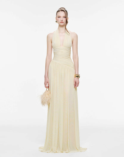 MOLLYNISTA Ruched Stretch Mesh Maxi Dress With Neck Bow-Yellow Butter