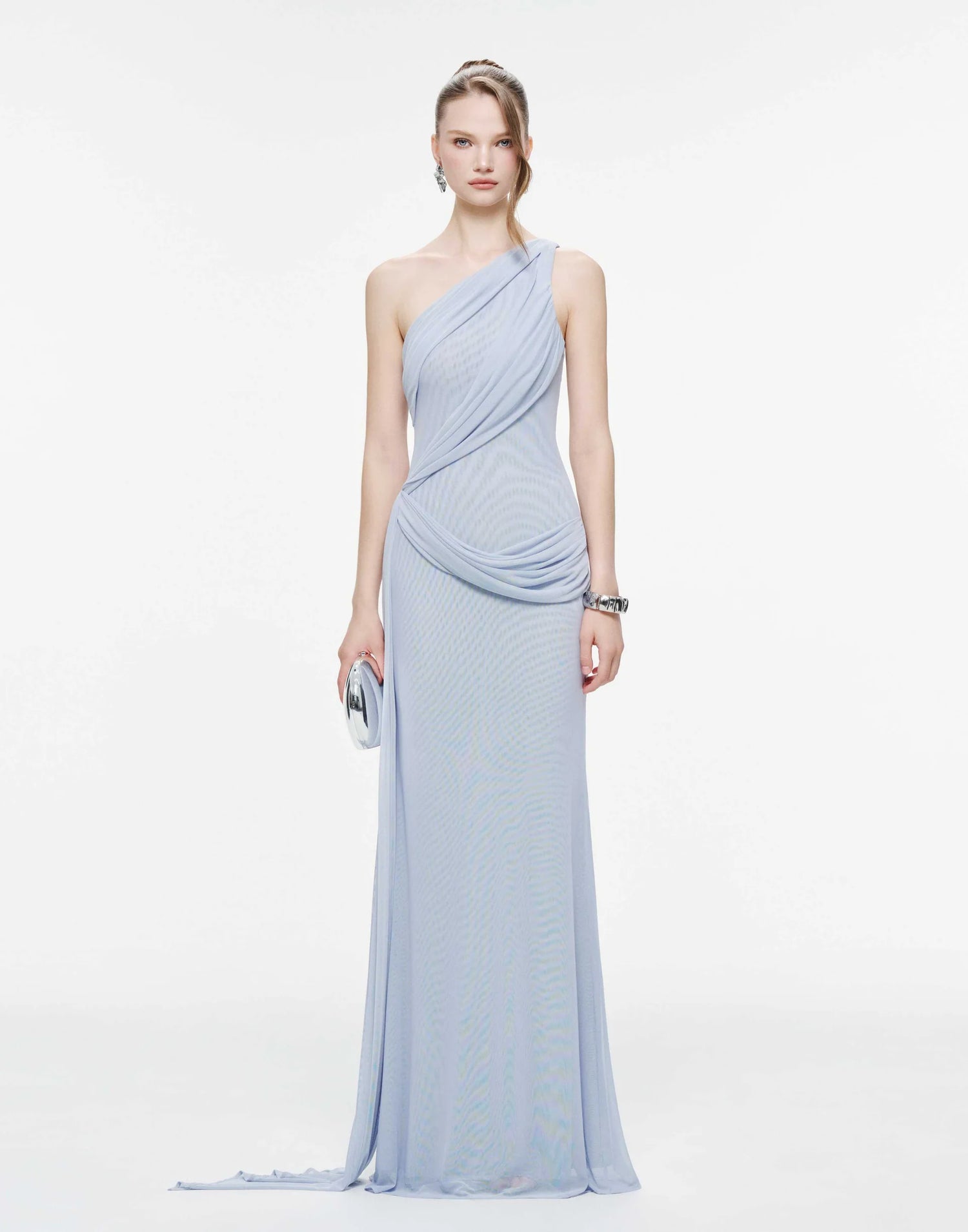 MOLLYNISTA One-Shoulder Draped Mesh Dress-Whispy Blue