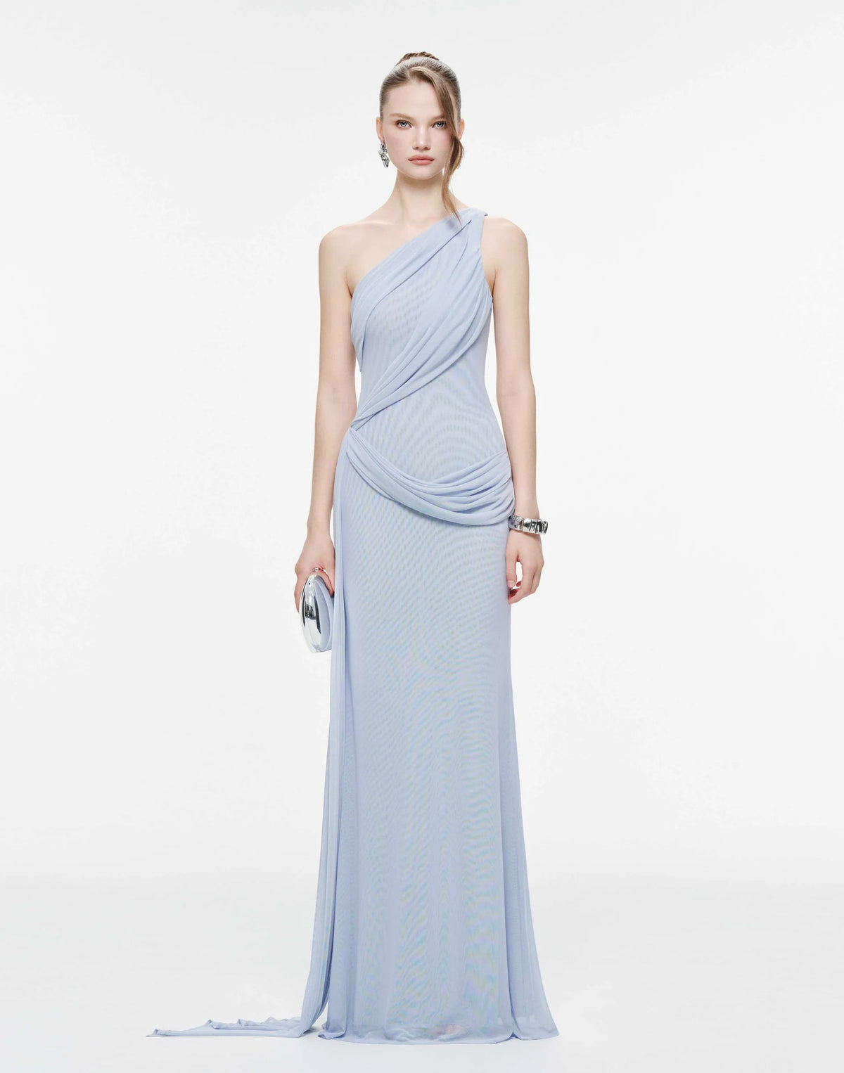 MOLLYNISTA One-Shoulder Draped Mesh Dress-Whispy Blue