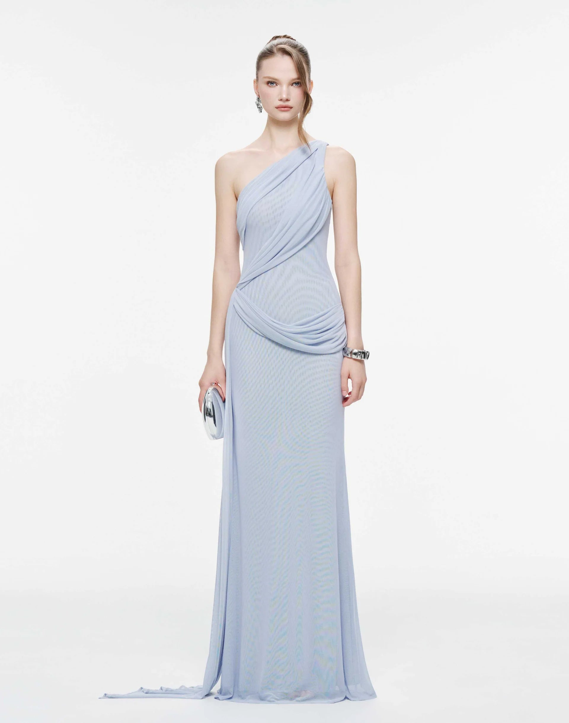 MOLLYNISTA One-Shoulder Draped Mesh Dress-Whispy Blue