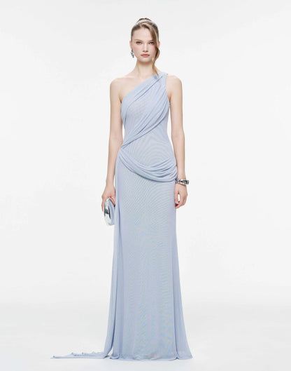 MOLLYNISTA One-Shoulder Draped Mesh Dress-Whispy Blue