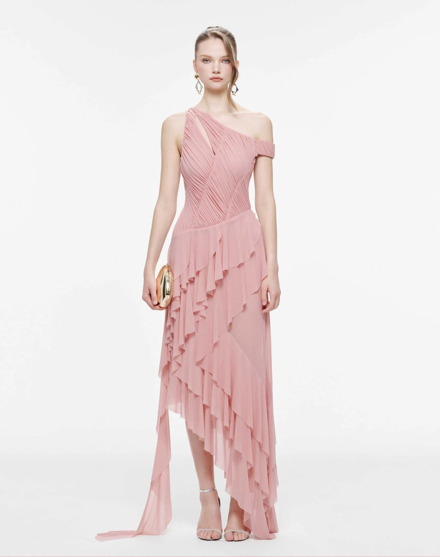 MOLLYNISTA One-Shoulder Stretch Mesh Asymmetric Ruffle Dress-Dusty Pink