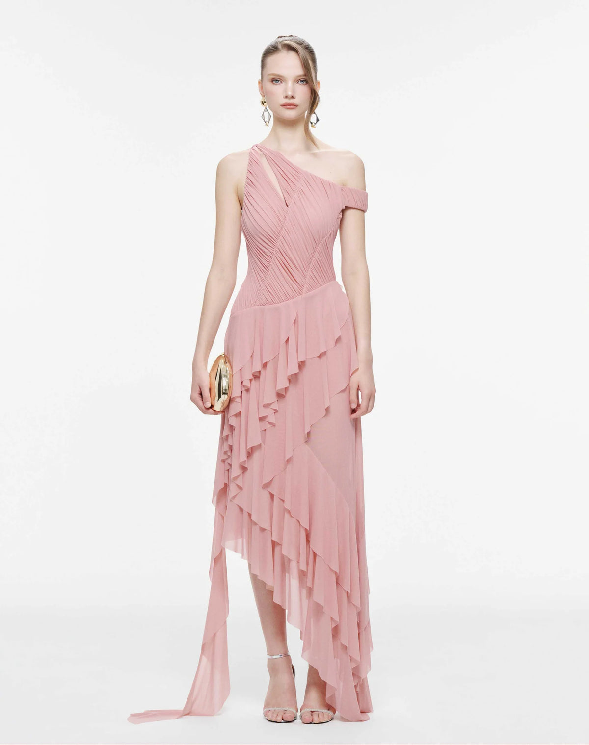 MOLLYNISTA One-Shoulder Stretch Mesh Asymmetric Ruffle Dress-Dusty Pink