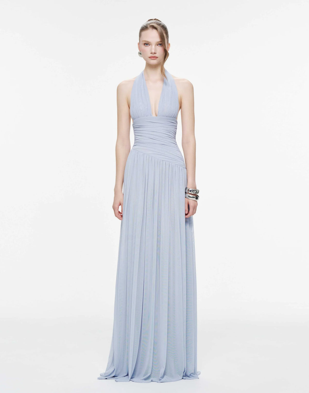 MOLLYNISTA Ruched Stretch Mesh Maxi Dress With Neck Bow-Whispy Blue