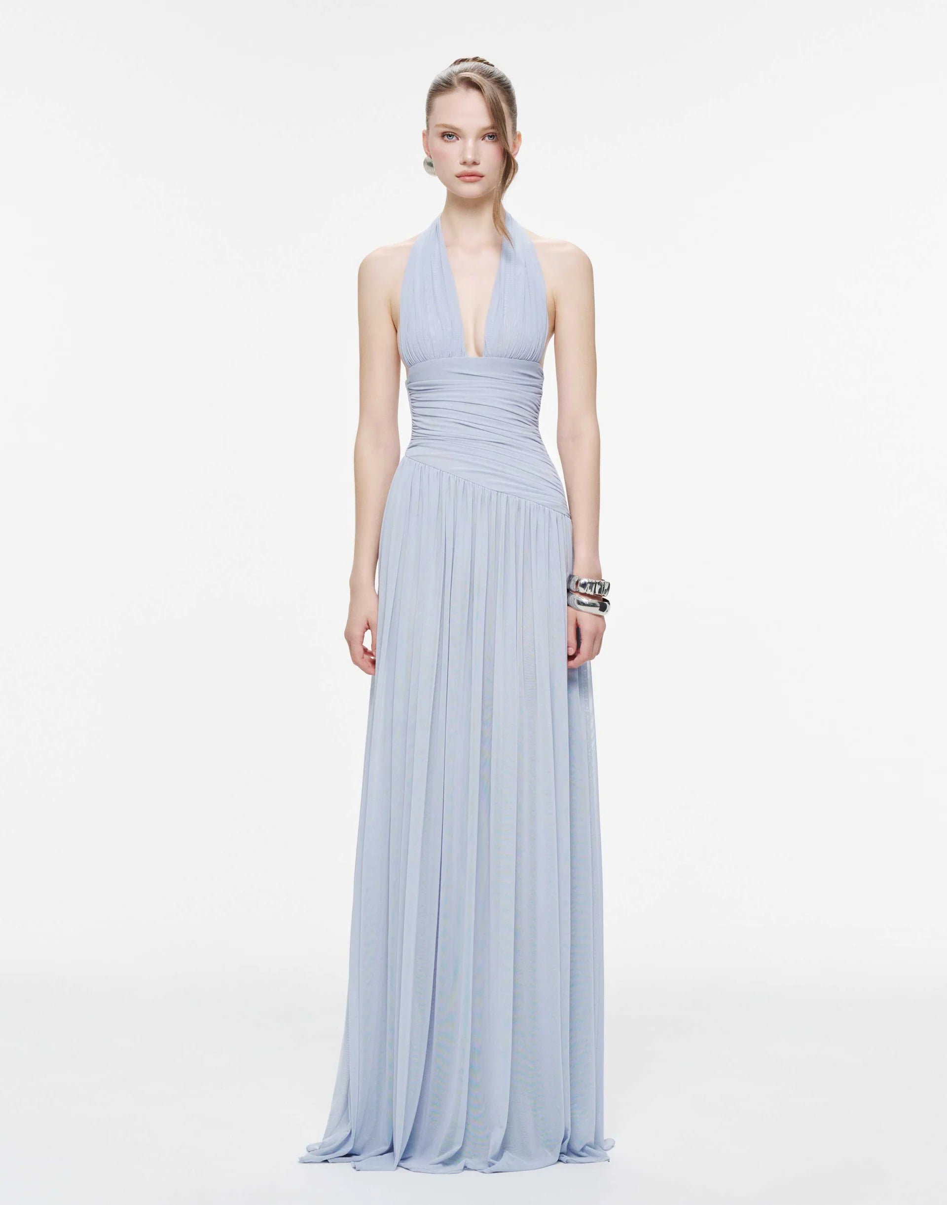MOLLYNISTA Ruched Stretch Mesh Maxi Dress With Neck Bow-Whispy Blue