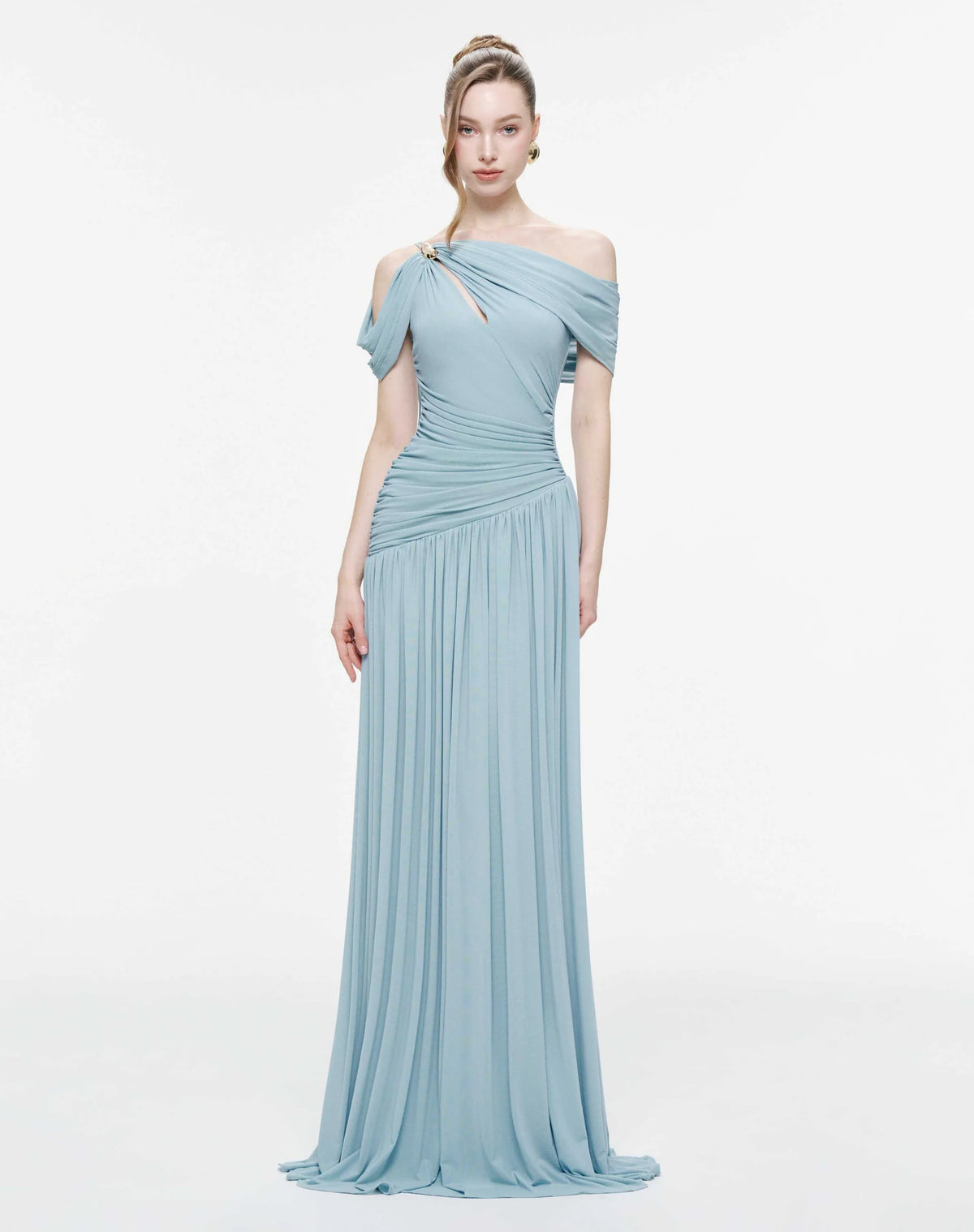 MOLLYNISTA Draped Off-Shoulder Stretch Mesh Dress