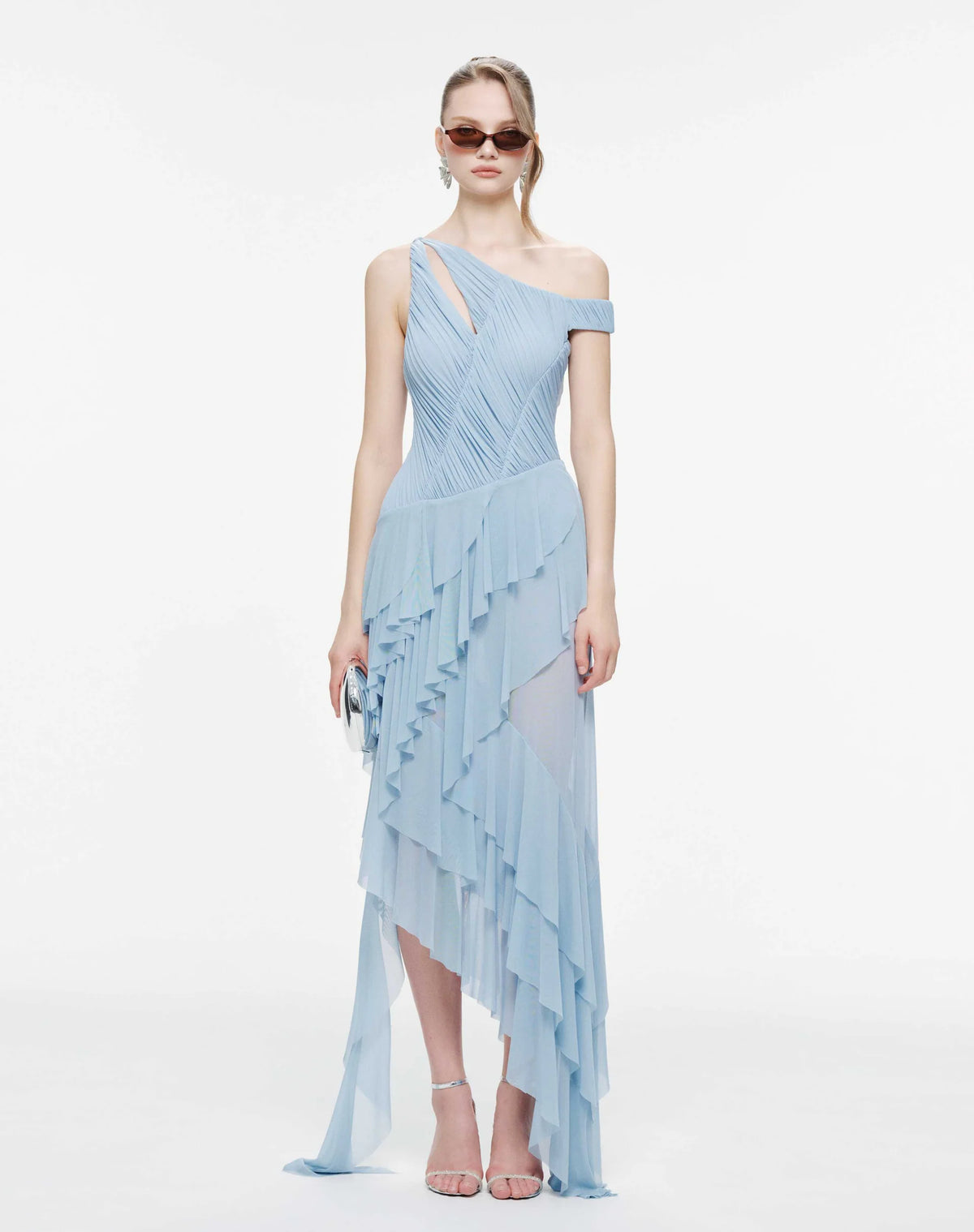 MOLLYNISTA One-Shoulder Stretch Mesh Asymmetric Ruffle Dress-Clear Sky