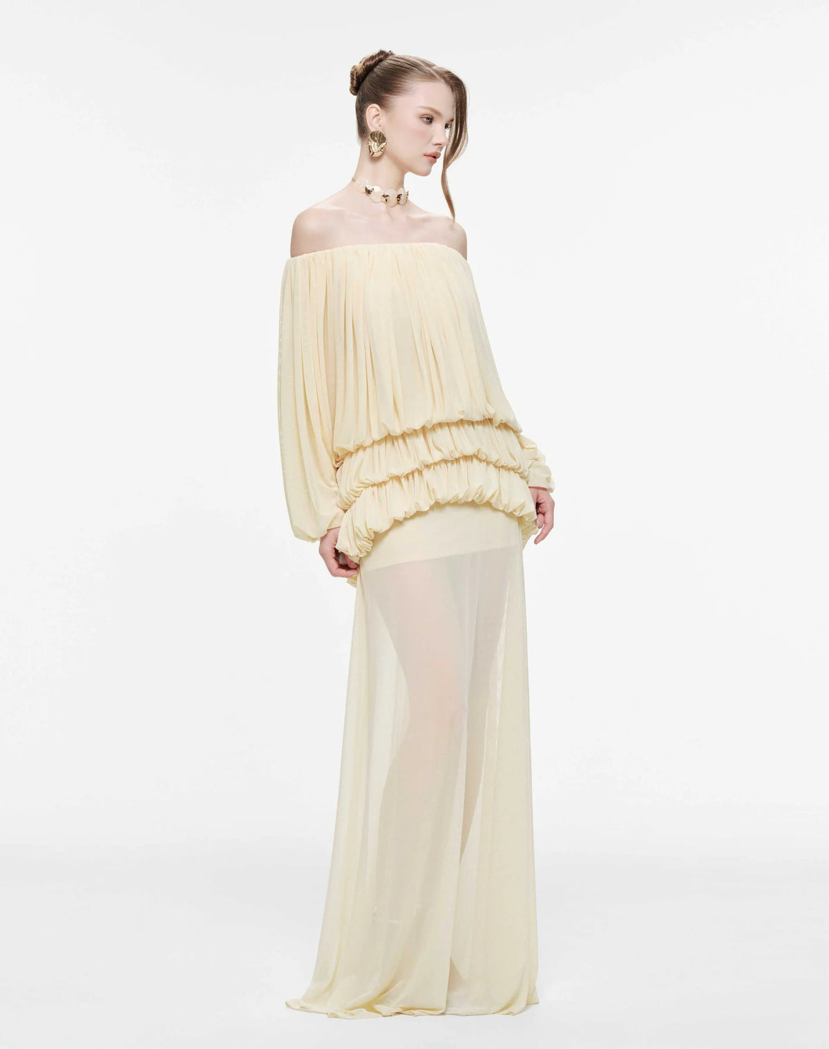 MOLLYNISTA Off-Shoulder Ruched Stretch Mesh Set-Yellow Butter