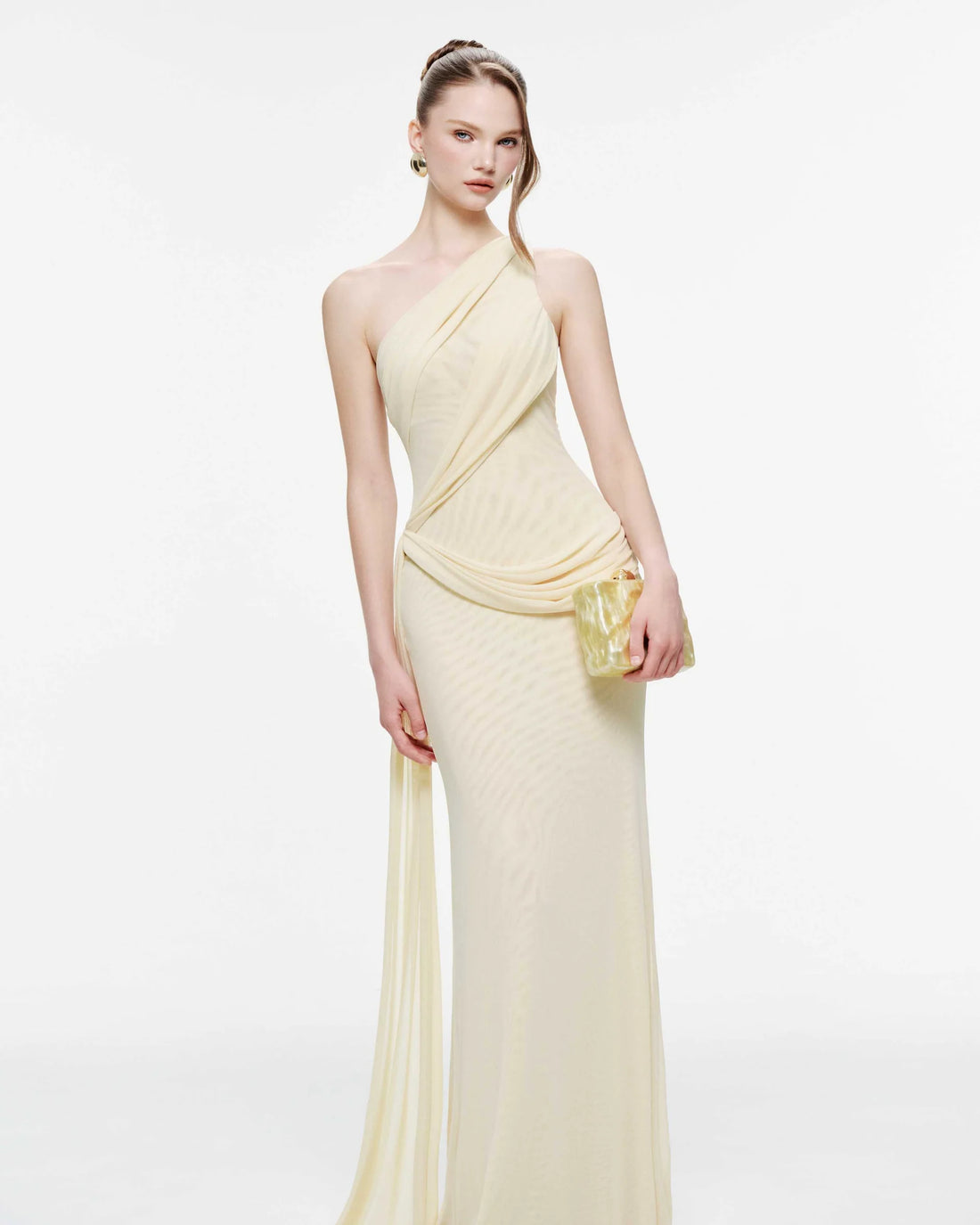 MOLLYNISTA One-Shoulder Draped Mesh Dress-Yellow Butter