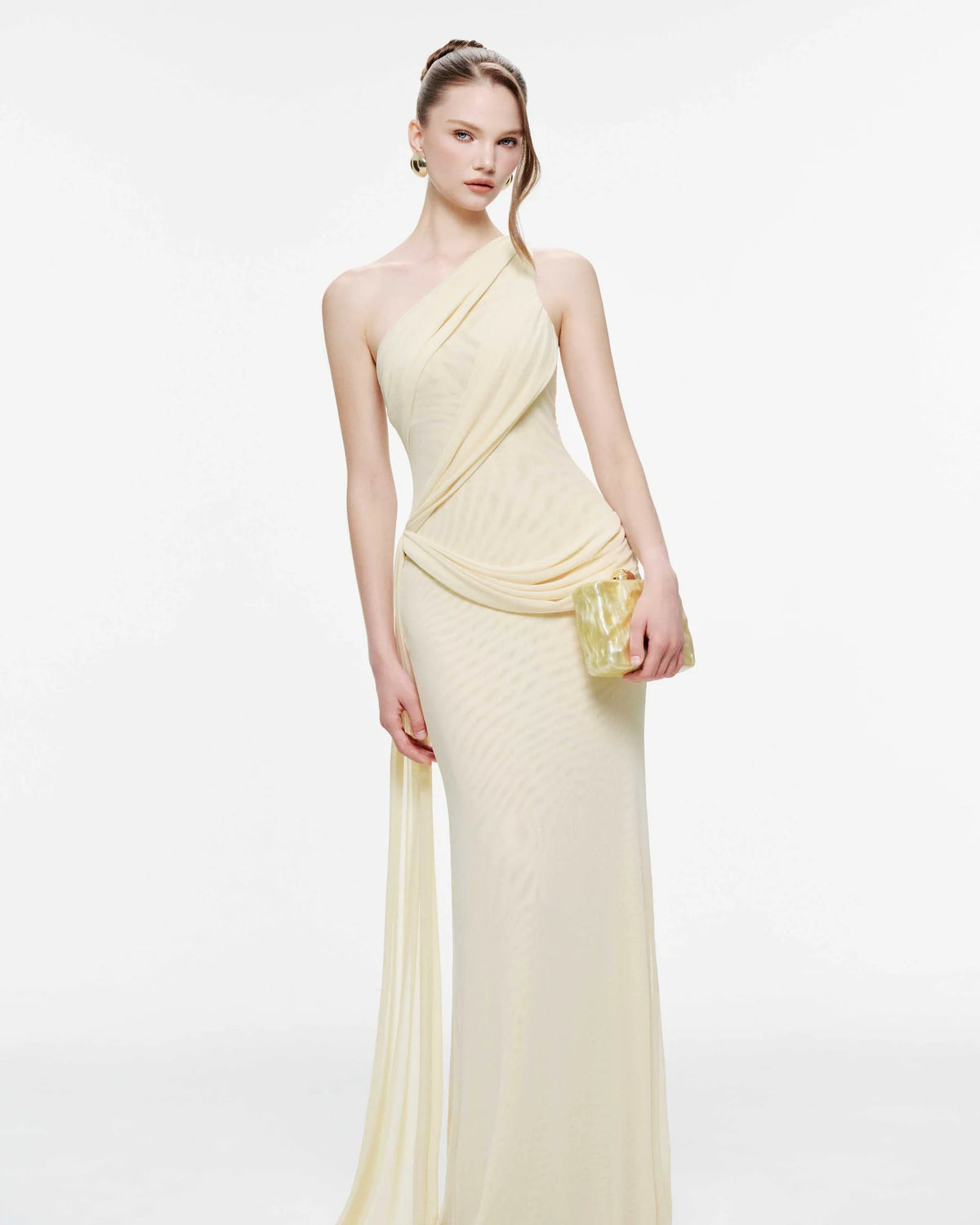 MOLLYNISTA One-Shoulder Draped Mesh Dress-Yellow Butter