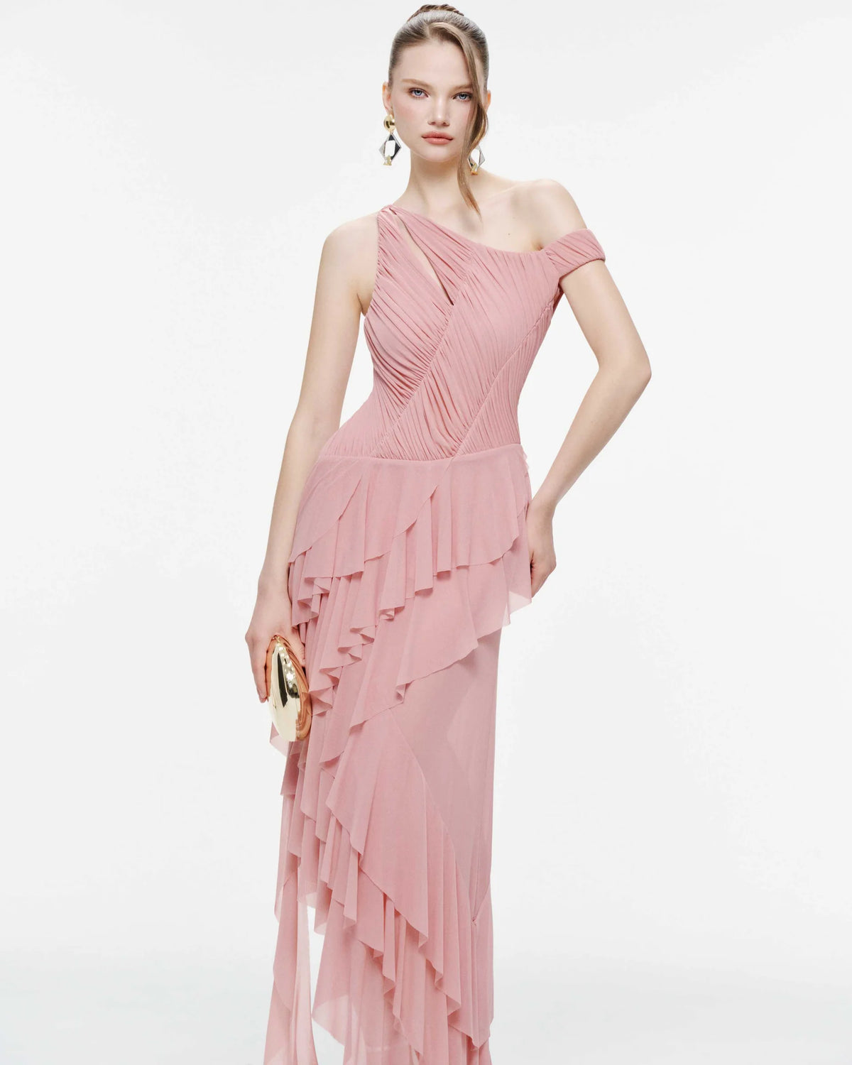 MOLLYNISTA One-Shoulder Stretch Mesh Asymmetric Ruffle Dress-Dusty Pink