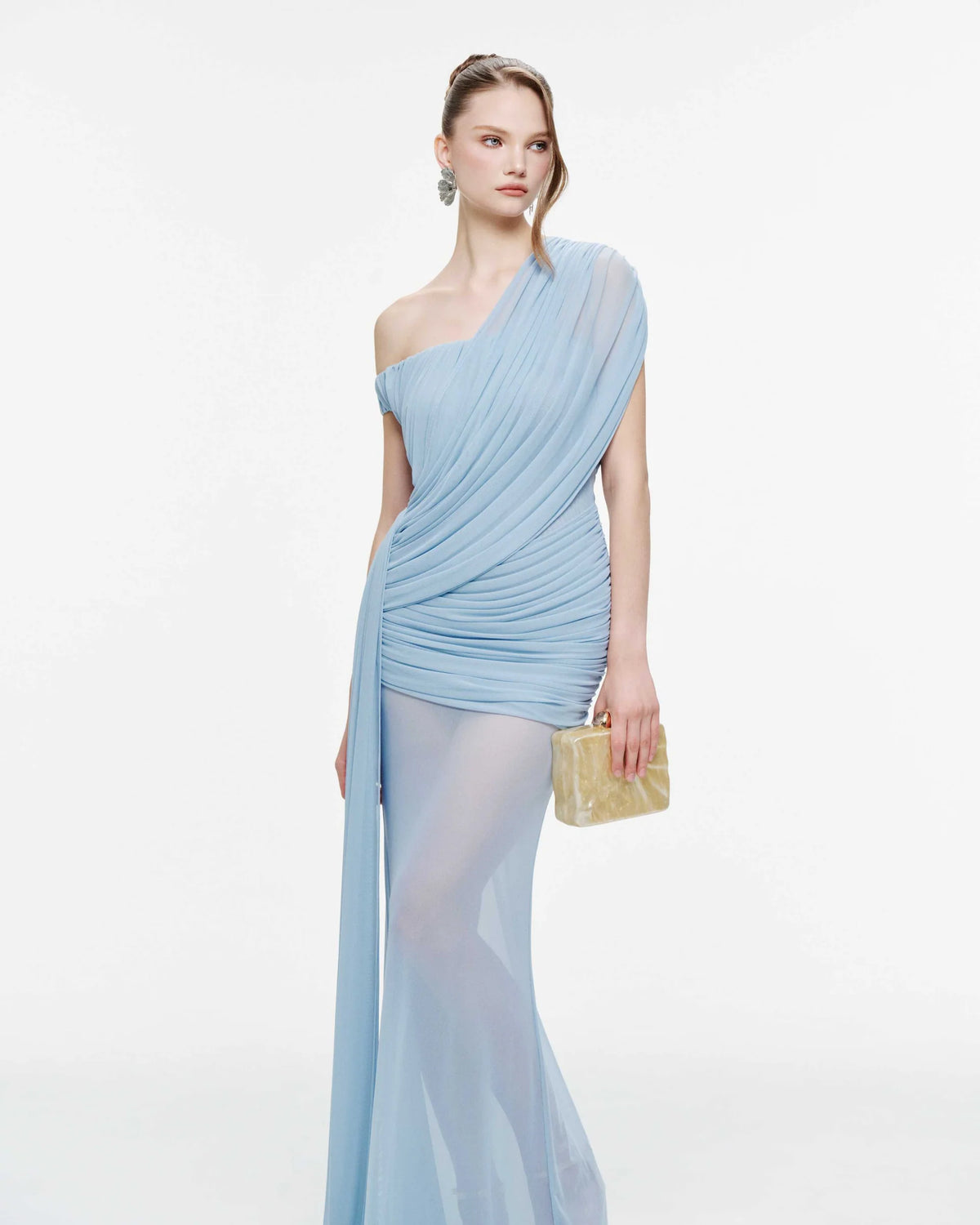 MOLLYNISTA Side-Gathered Mesh Dress-Clear Sky