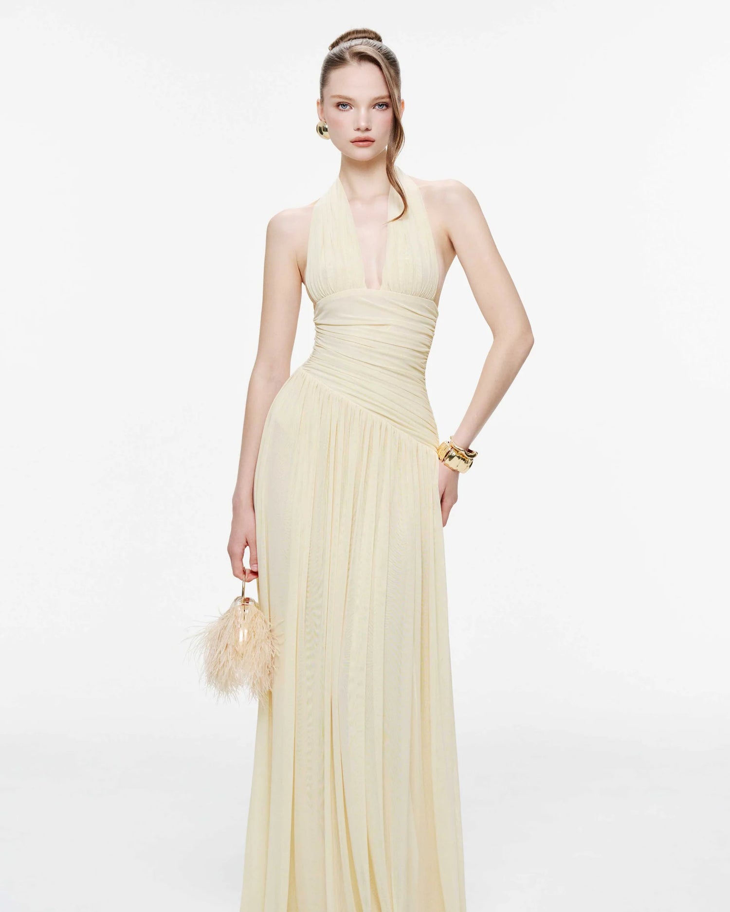 MOLLYNISTA Ruched Stretch Mesh Maxi Dress With Neck Bow-Yellow Butter