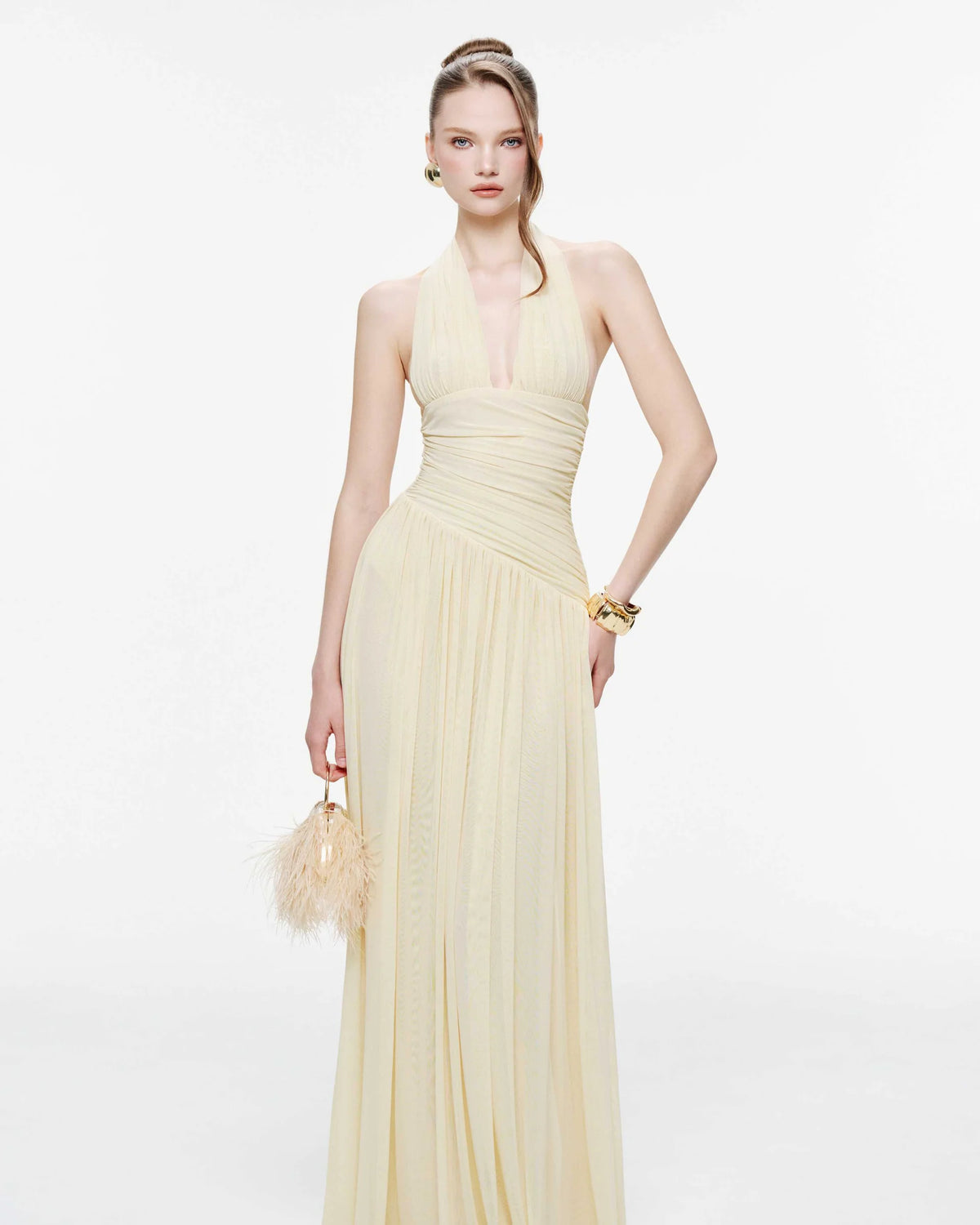 MOLLYNISTA Ruched Stretch Mesh Maxi Dress With Neck Bow-Yellow Butter