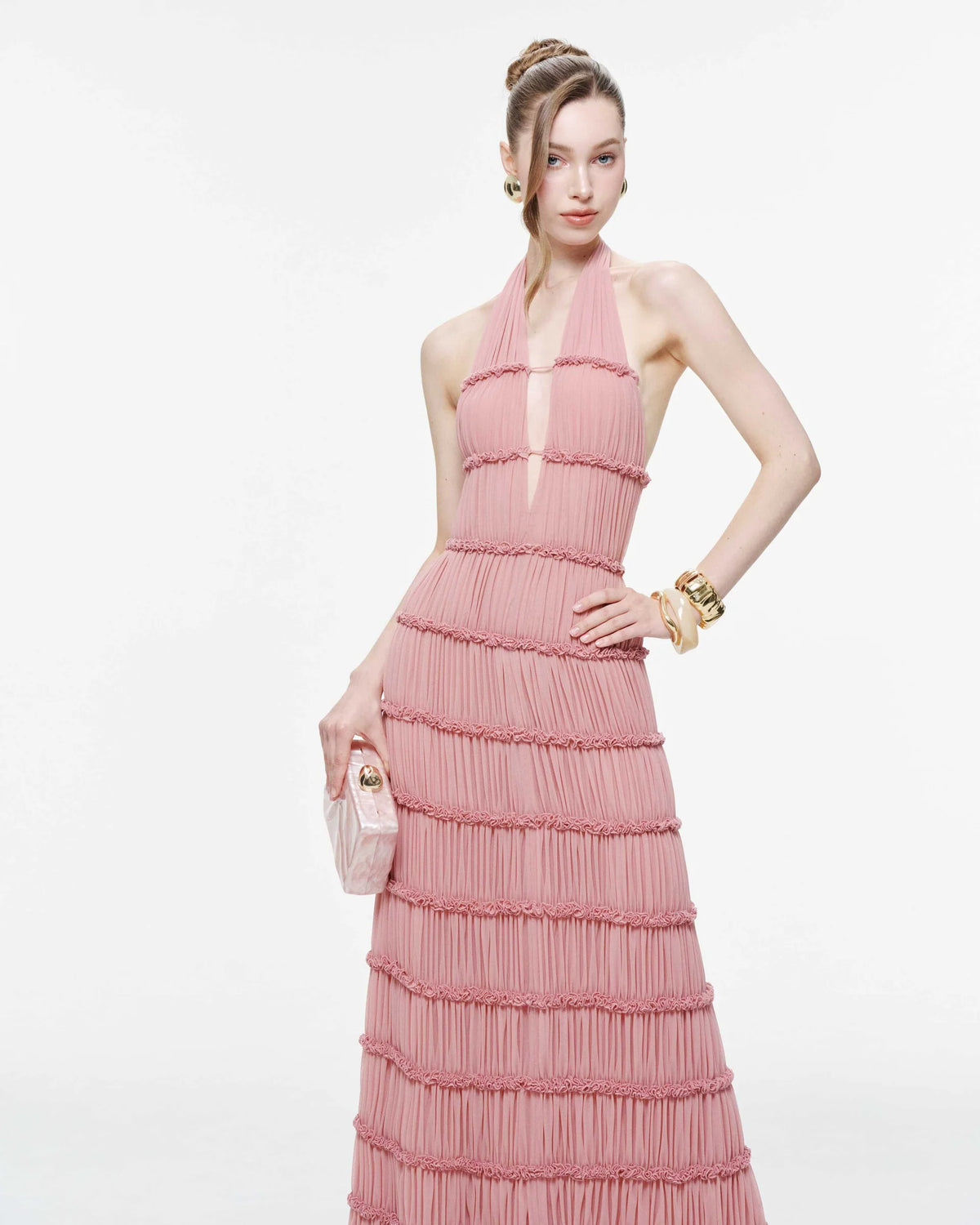 MOLLYNISTA Backless Stretch Mesh Maxi Dress-Dusty Pink