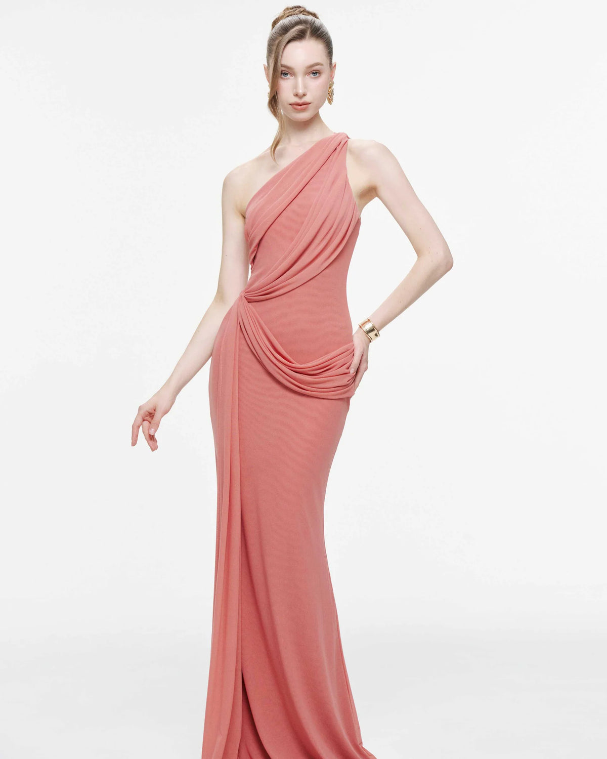 MOLLYNISTA One-Shoulder Draped Mesh Dress-Faded Rose
