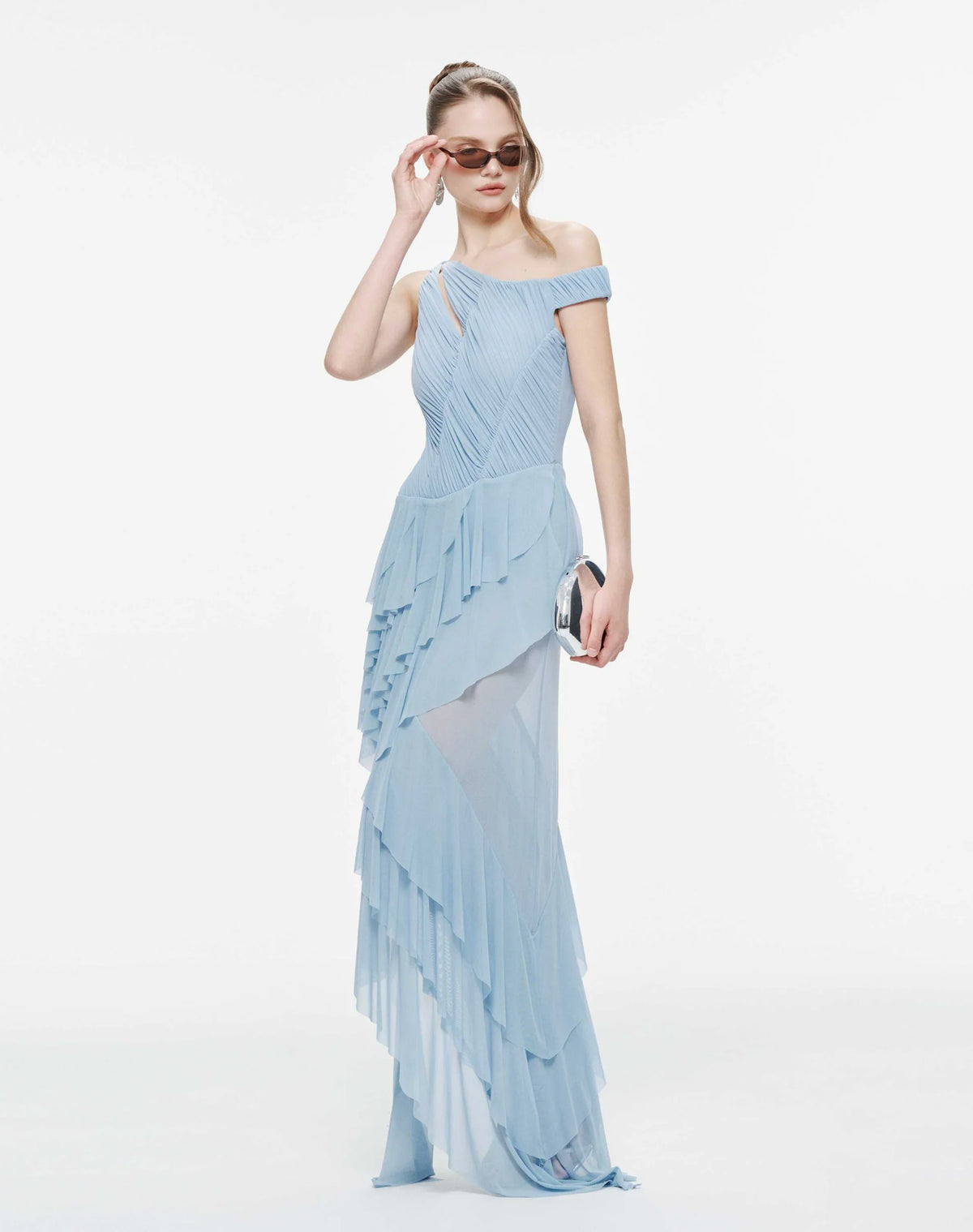 MOLLYNISTA One-Shoulder Stretch Mesh Asymmetric Ruffle Dress-Clear Sky