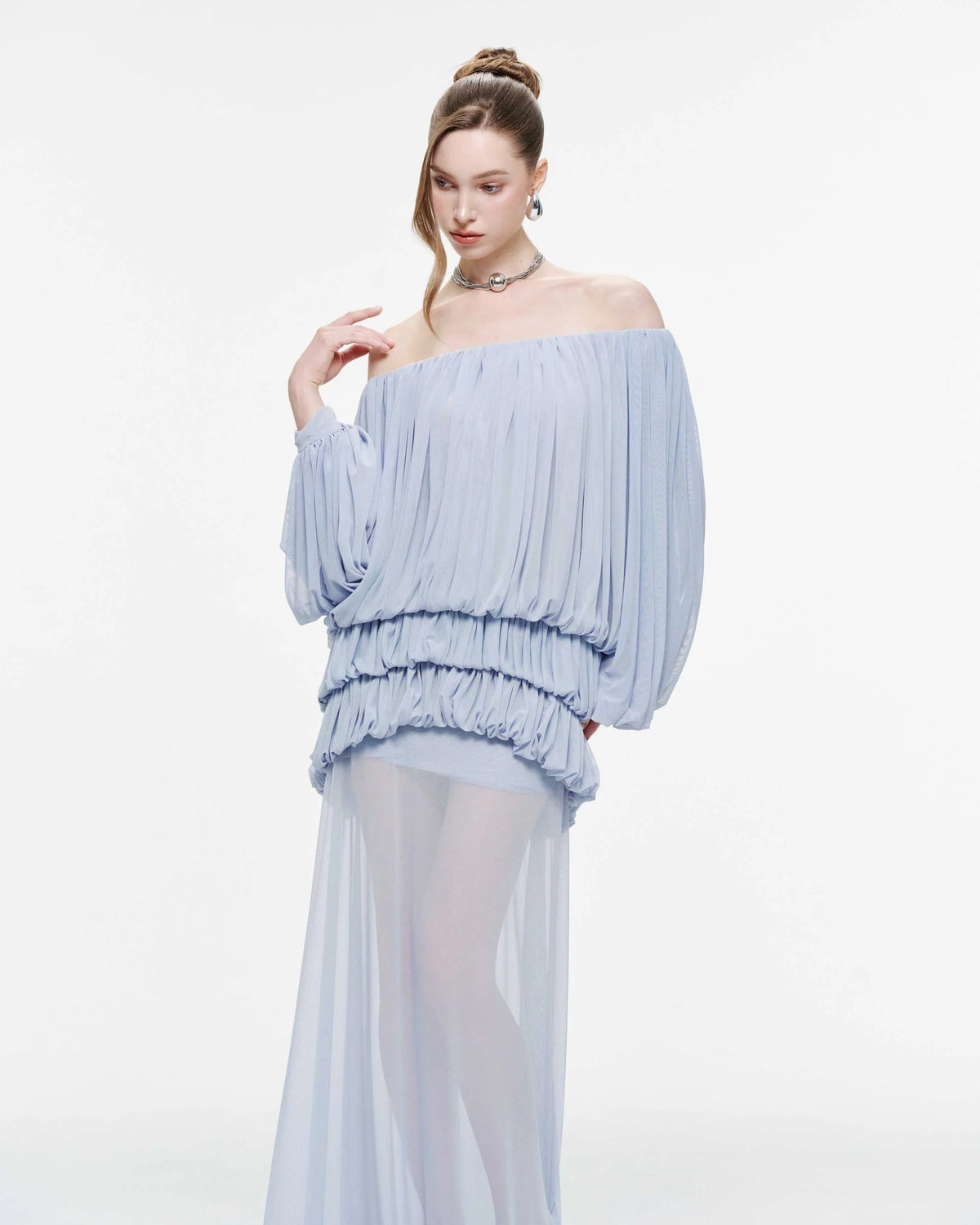 MOLLYNISTA Off-Shoulder Ruched Stretch Mesh Set-Whispy Blue