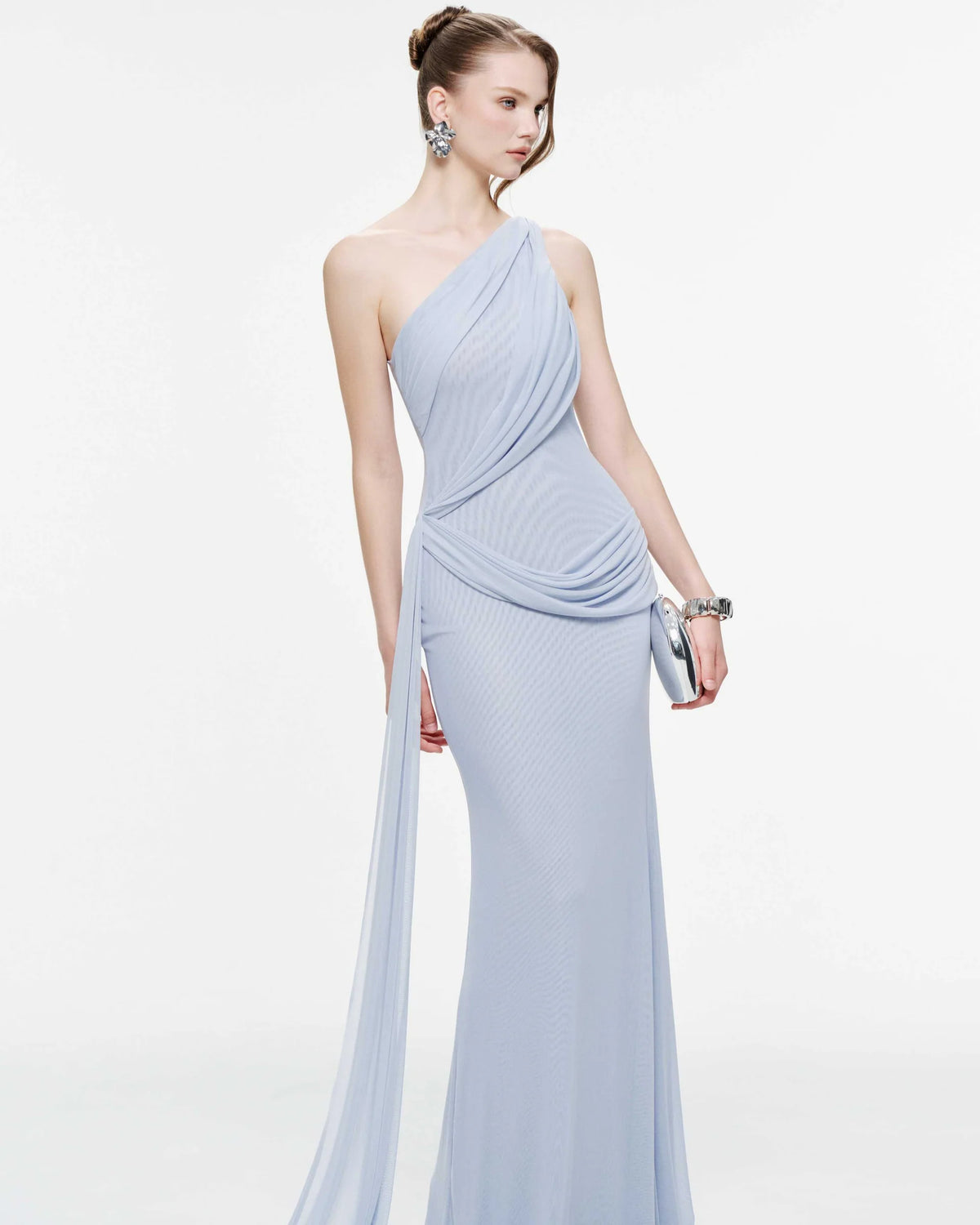 MOLLYNISTA One-Shoulder Draped Mesh Dress-Whispy Blue