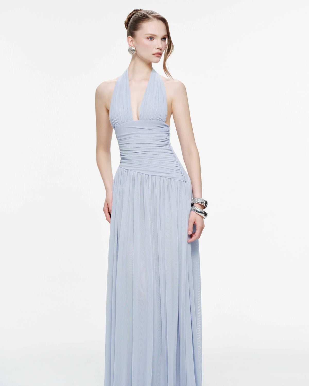 MOLLYNISTA Ruched Stretch Mesh Maxi Dress With Neck Bow-Whispy Blue