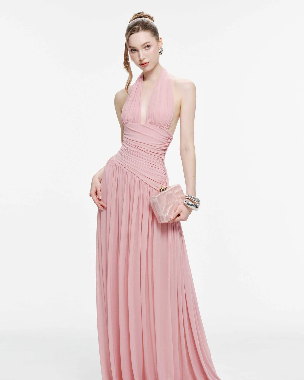 MOLLYNISTA Ruched Stretch Mesh Maxi Dress With Neck Bow-Mary Rose
