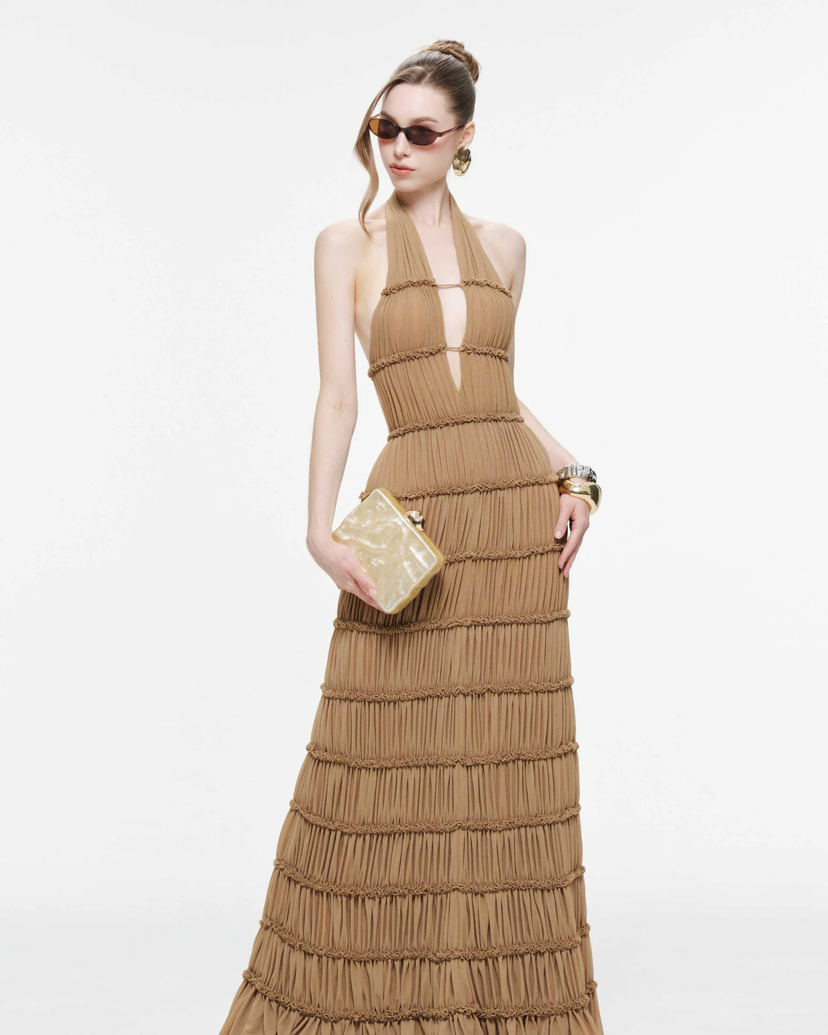MOLLYNISTA Backless Stretch Mesh Maxi Dress-Caramel Brown