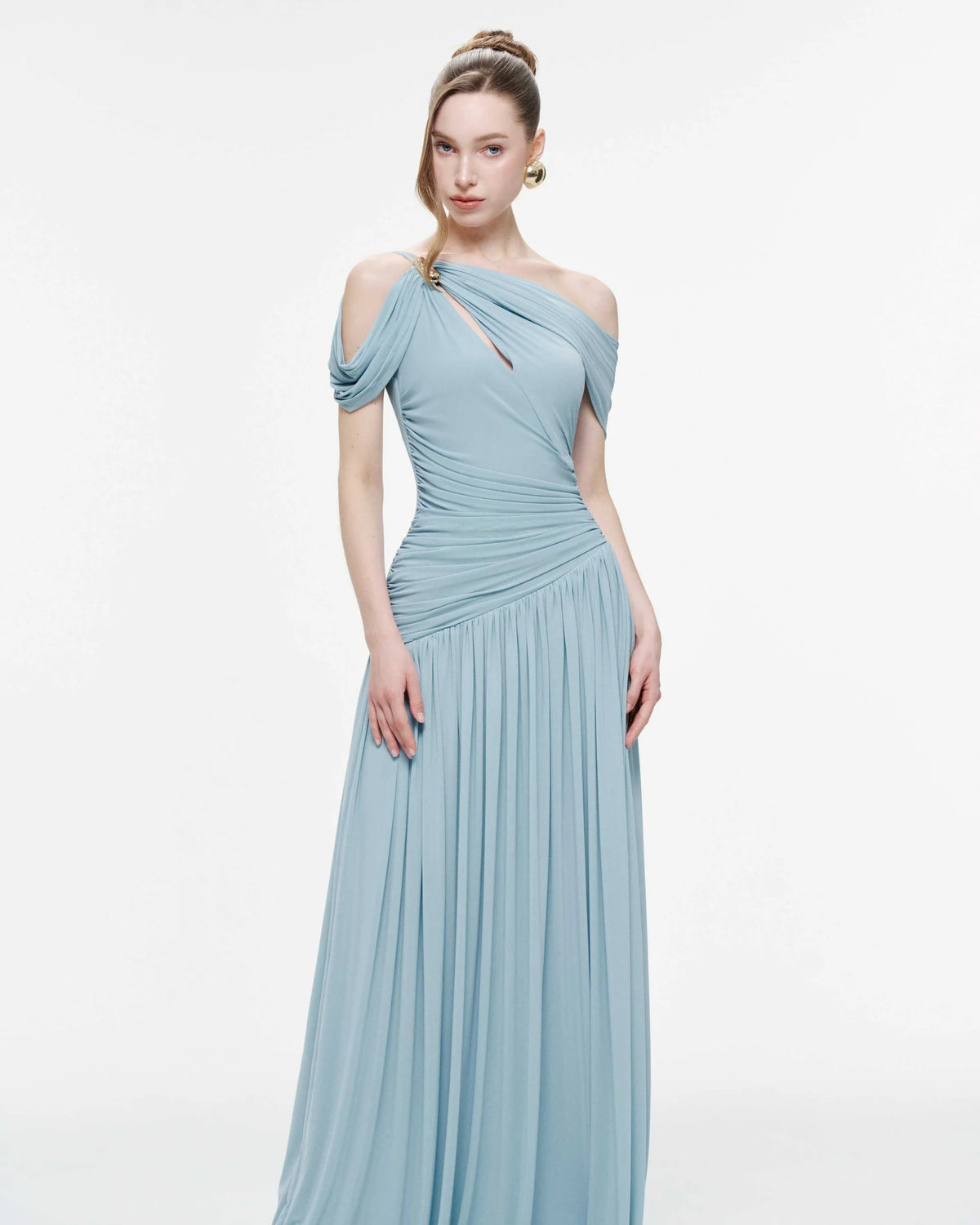 MOLLYNISTA Draped Off-Shoulder Stretch Mesh Dress