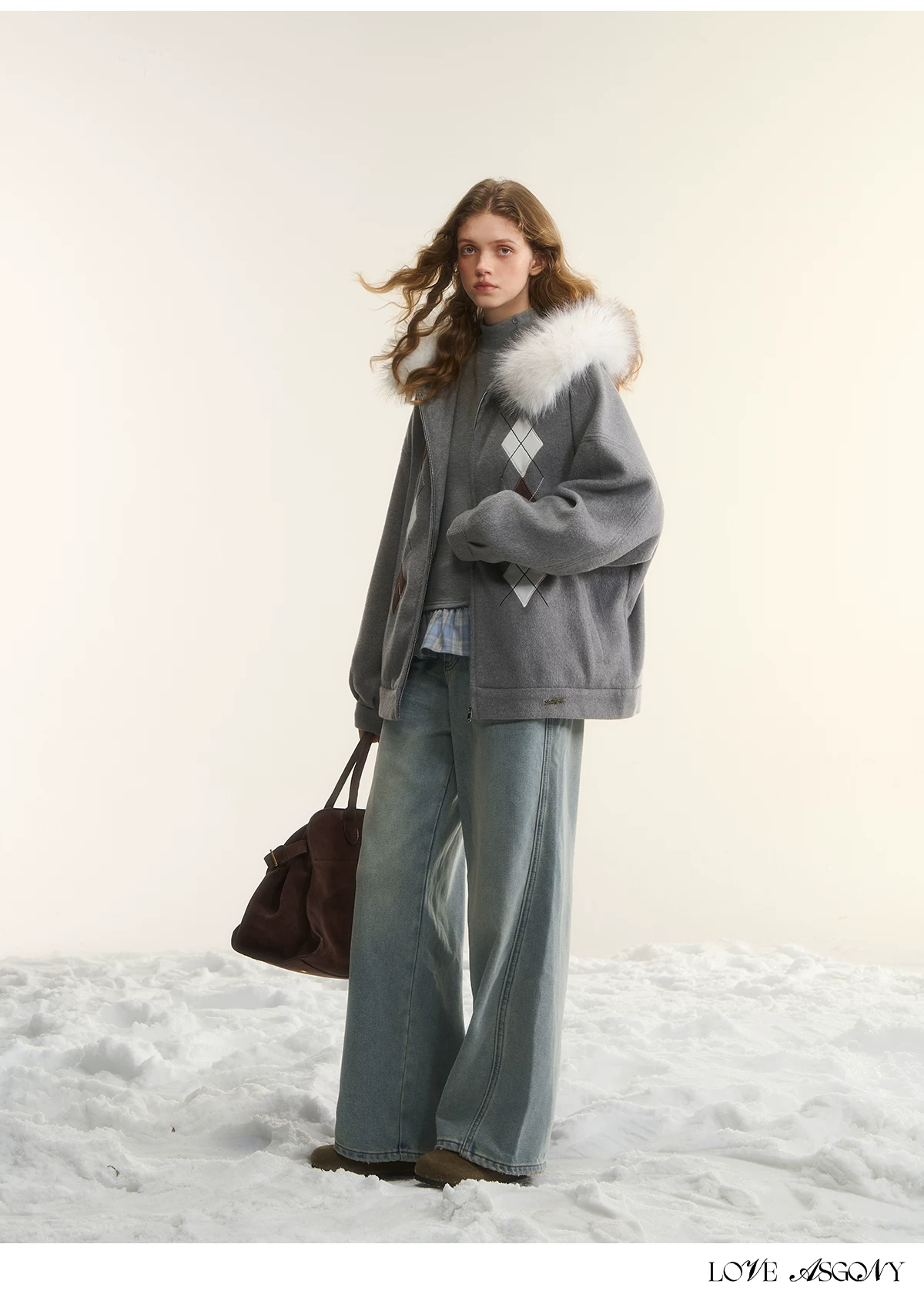 AsGony ASG25555 Diamond-quilted Hooded Cardigan with Furry Collar