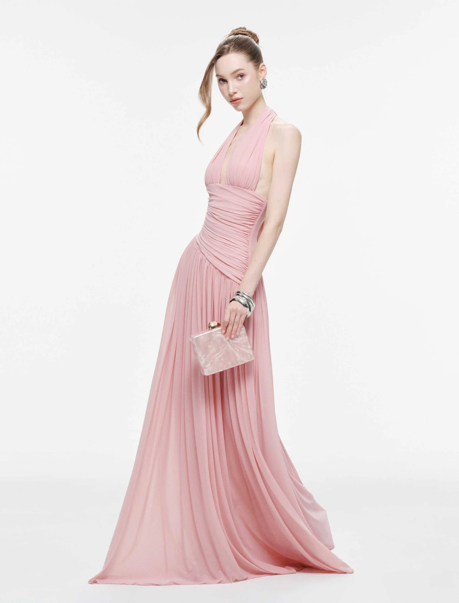 MOLLYNISTA Ruched Stretch Mesh Maxi Dress With Neck Bow-Mary Rose