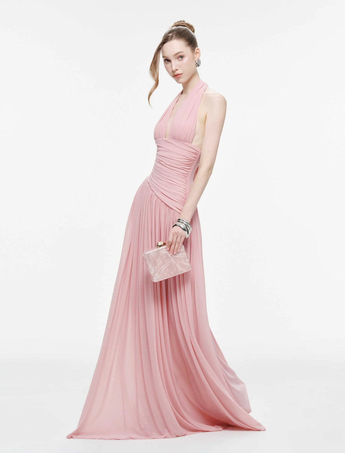 MOLLYNISTA Ruched Stretch Mesh Maxi Dress With Neck Bow-Mary Rose