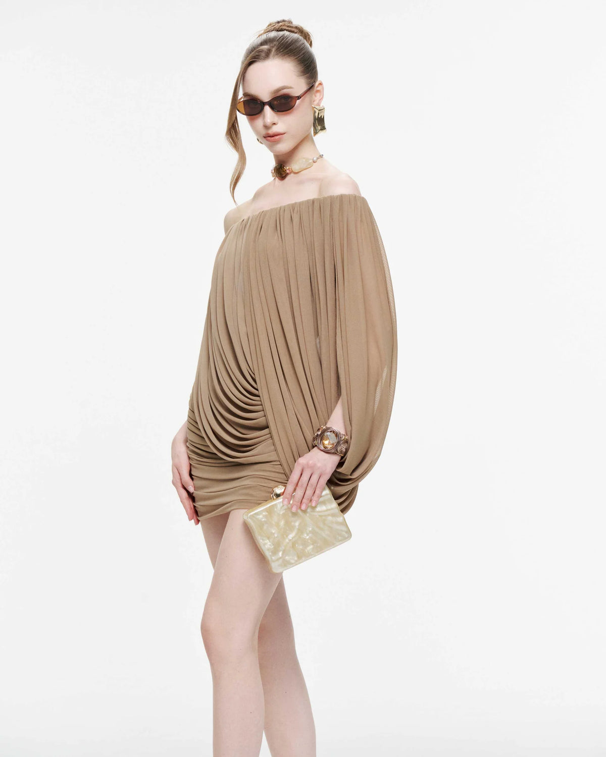 MOLLYNISTA One-Shoulder Stretch Mesh Cape Dress-Desert Taupe