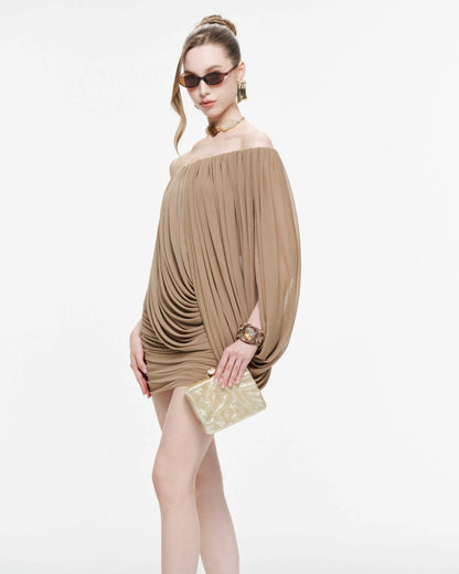 MOLLYNISTA One-Shoulder Stretch Mesh Cape Dress-Desert Taupe