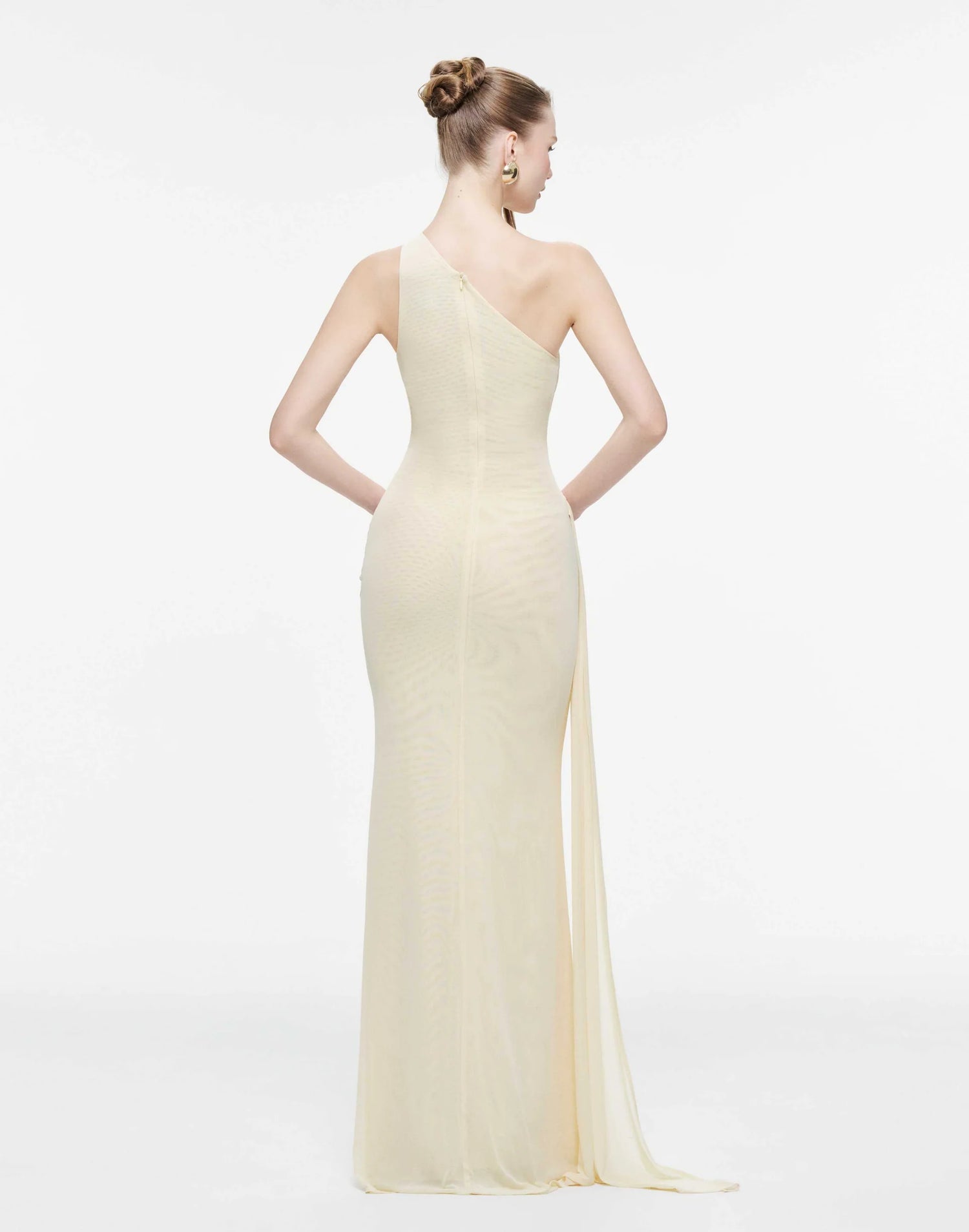 MOLLYNISTA One-Shoulder Draped Mesh Dress-Yellow Butter