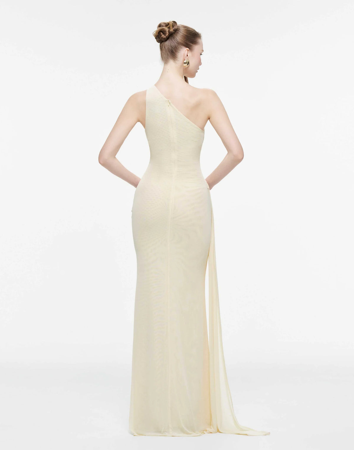 MOLLYNISTA One-Shoulder Draped Mesh Dress-Yellow Butter