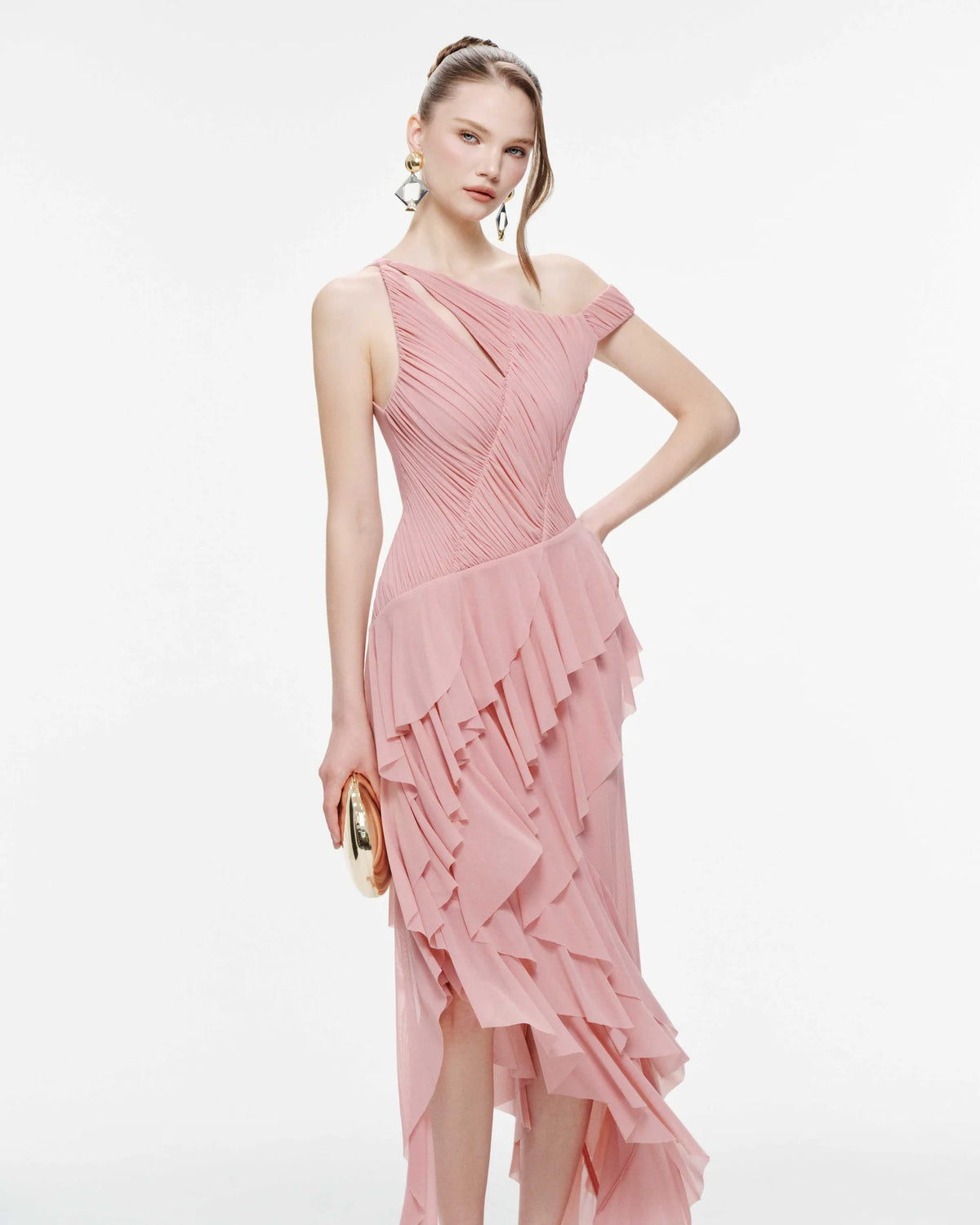 MOLLYNISTA One-Shoulder Stretch Mesh Asymmetric Ruffle Dress-Dusty Pink