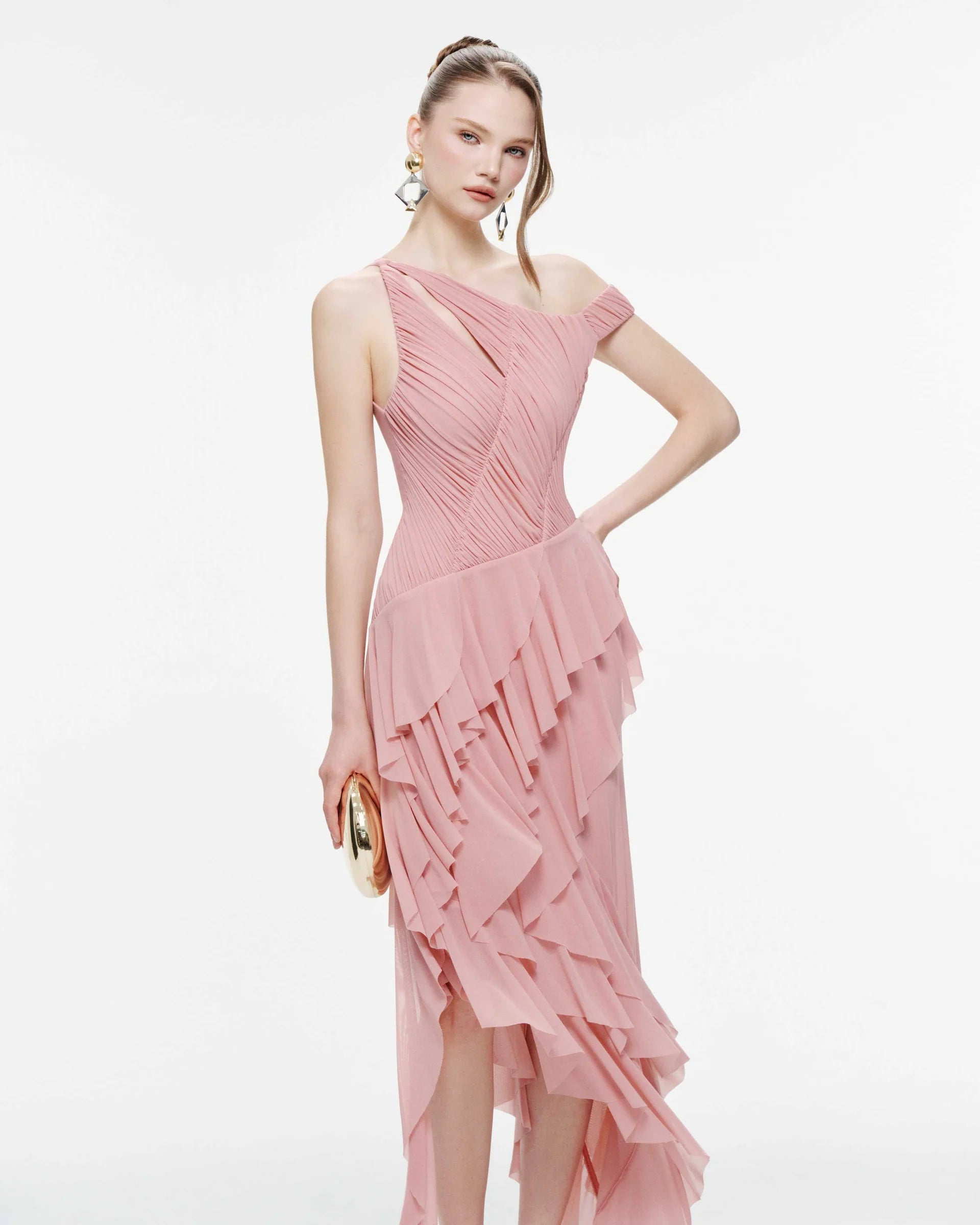 MOLLYNISTA One-Shoulder Stretch Mesh Asymmetric Ruffle Dress-Dusty Pink