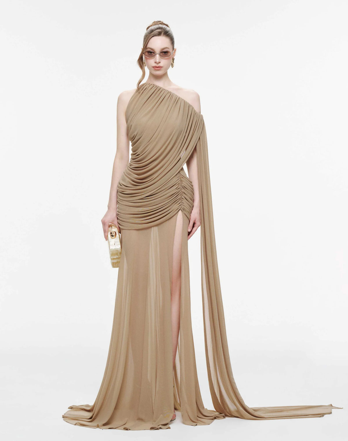 MOLLYNISTA Asymmetric Ruched Mesh Dress-Sand Beige