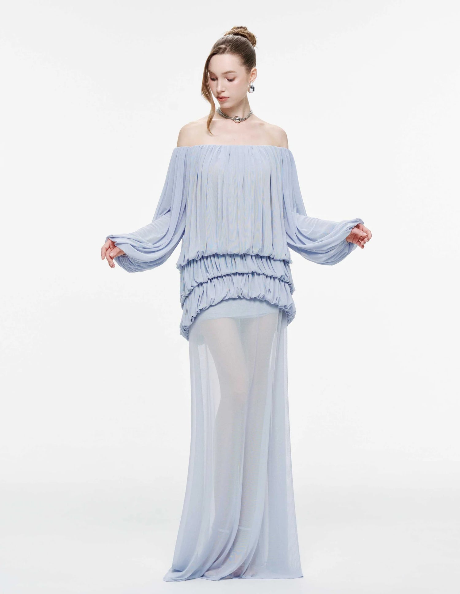 MOLLYNISTA Off-Shoulder Ruched Stretch Mesh Set-Whispy Blue