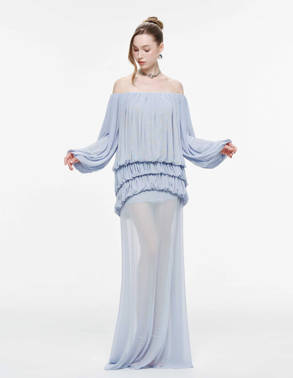 MOLLYNISTA Off-Shoulder Ruched Stretch Mesh Set-Whispy Blue