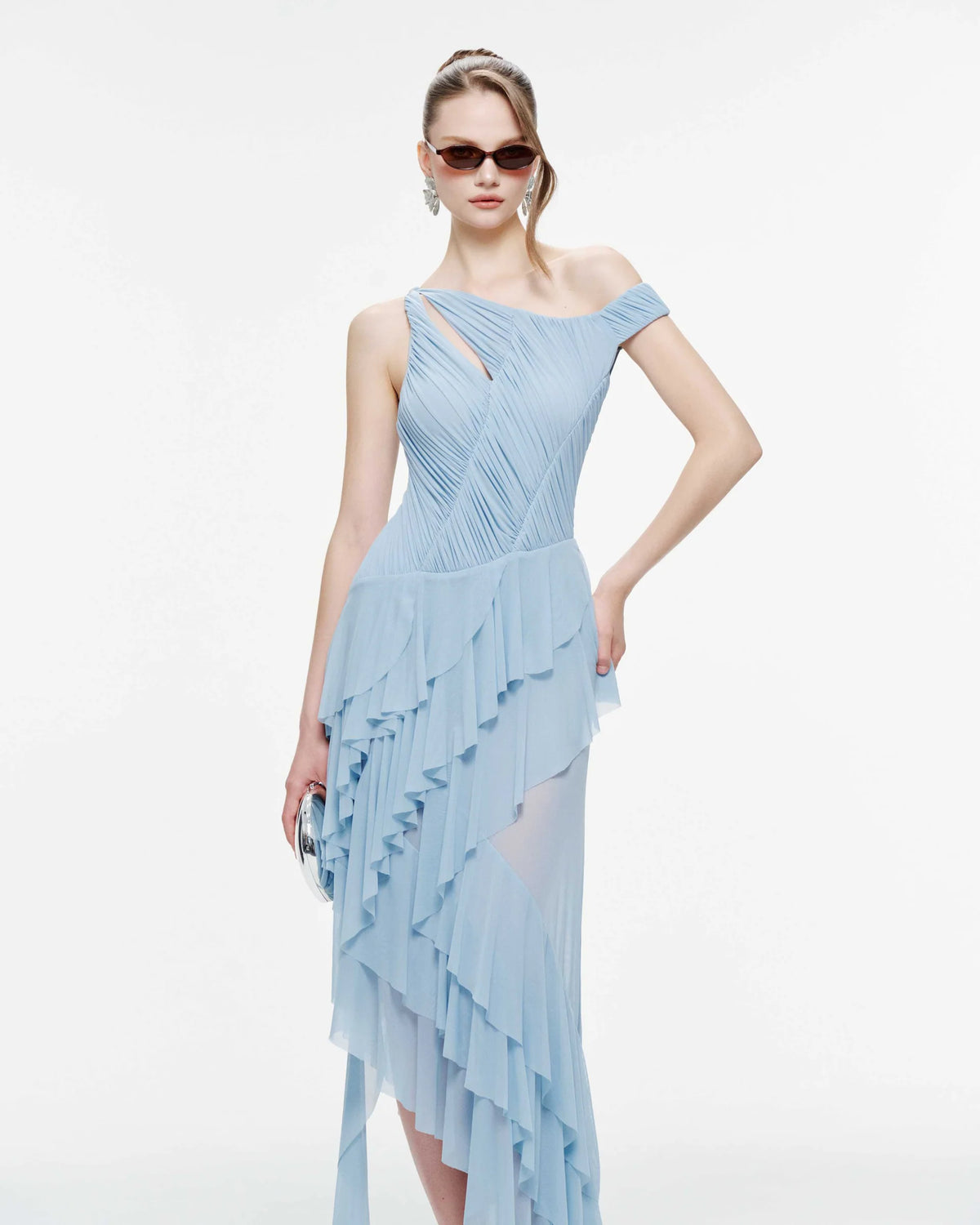MOLLYNISTA One-Shoulder Stretch Mesh Asymmetric Ruffle Dress-Clear Sky