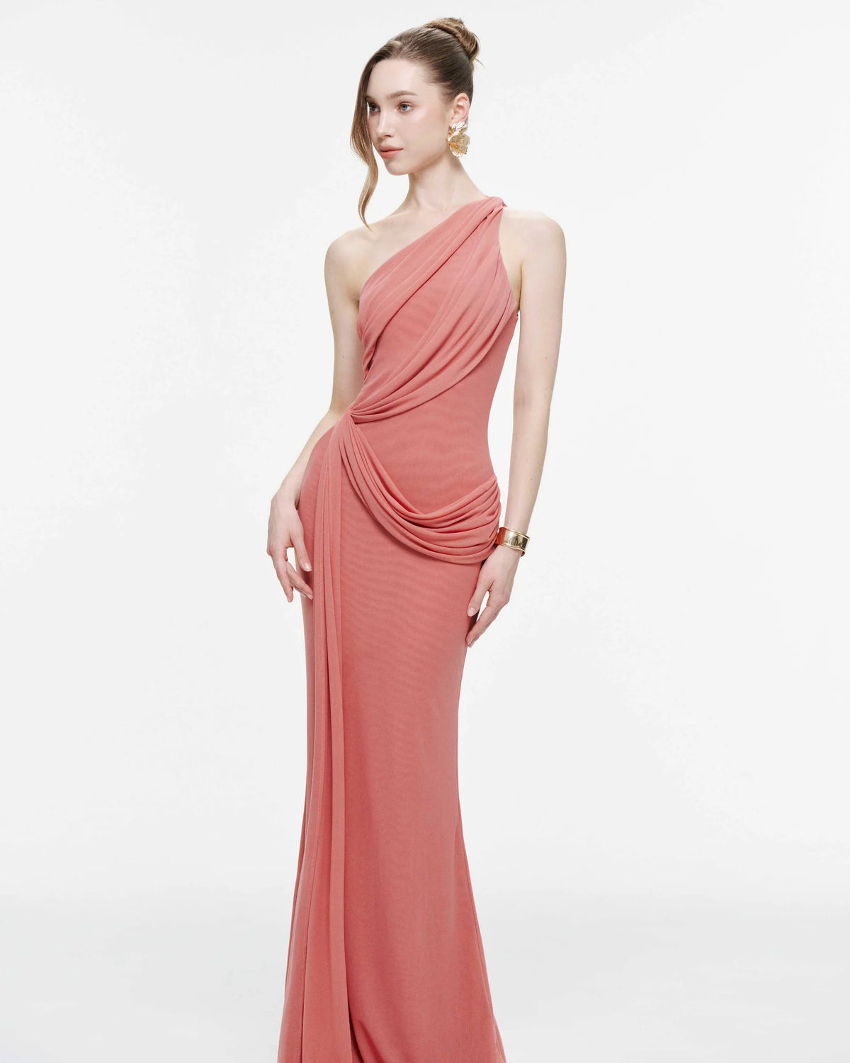 MOLLYNISTA One-Shoulder Draped Mesh Dress-Faded Rose