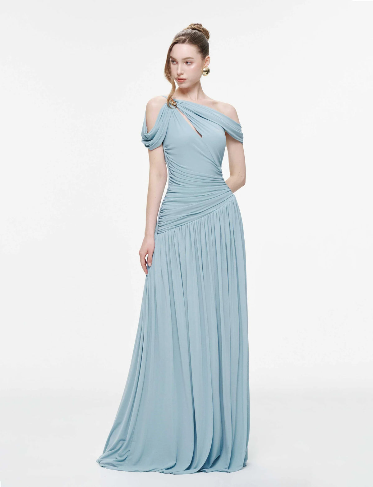 MOLLYNISTA Draped Off-Shoulder Stretch Mesh Dress