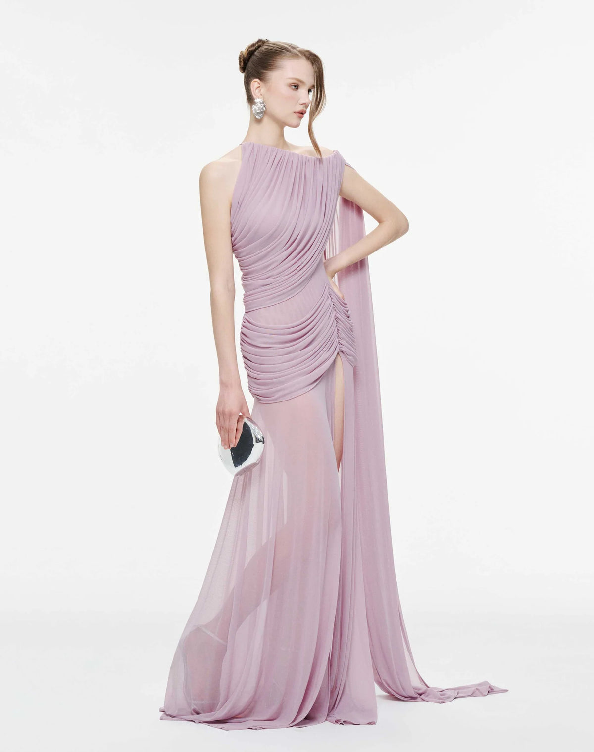 MOLLYNISTA Asymmetric Ruched Mesh Dress-Lavender Fog